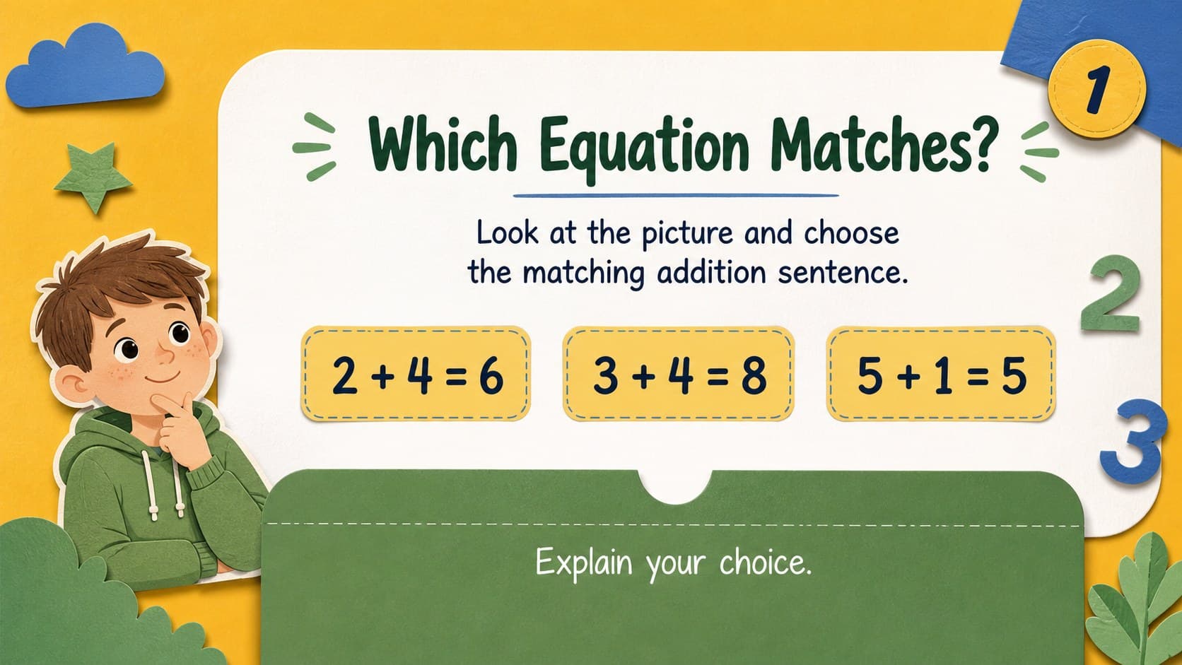 Addition practice slides for teachers with a large equation, answer reveal area, and playful math illustrations.