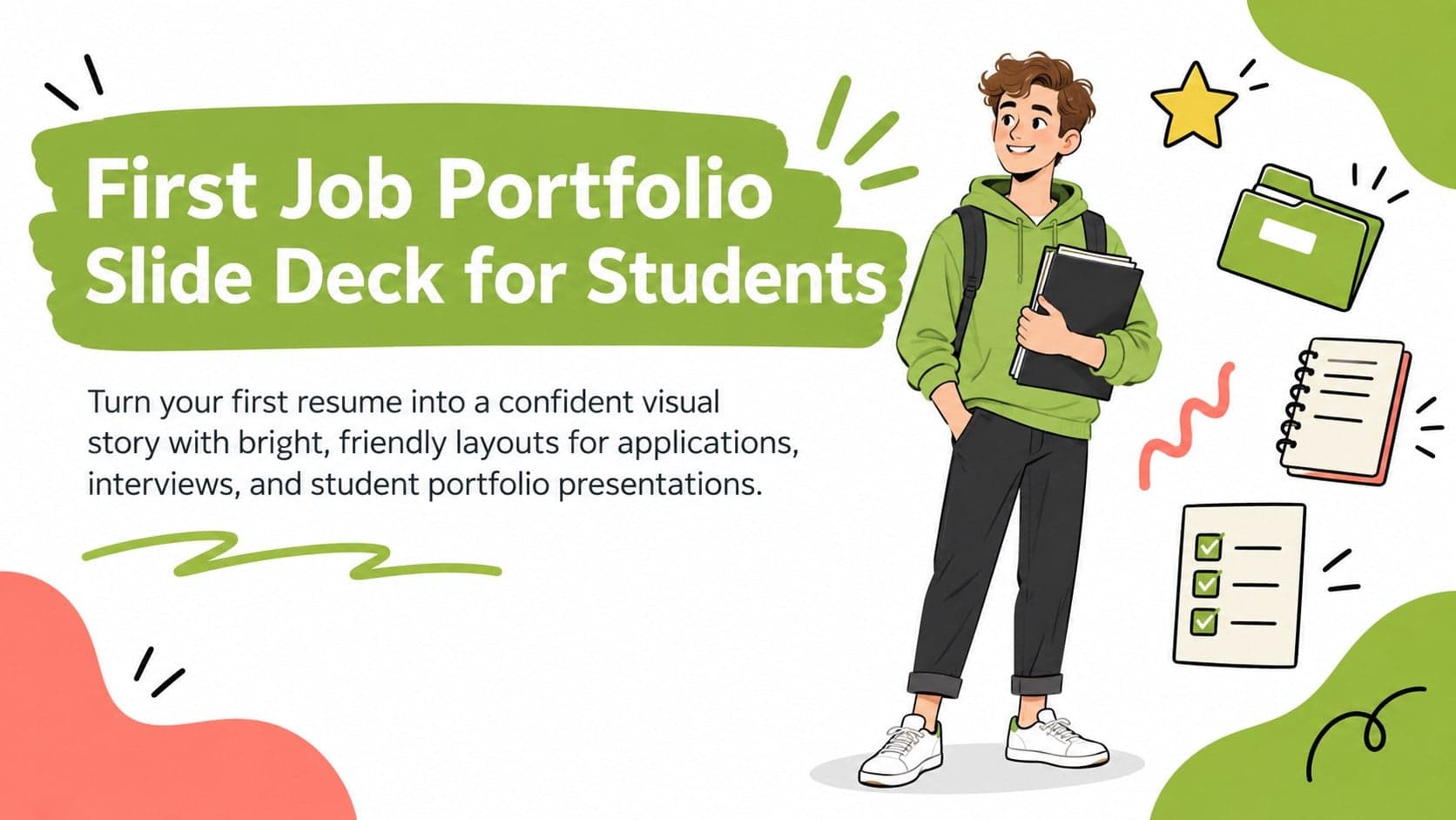 Colorful first job portfolio slide deck cover for students with a bold title and playful career-themed illustrations.