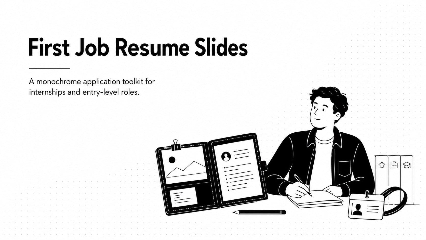 Cover for First Job Resume Slides with monochrome career illustrations and a clean student application layout.