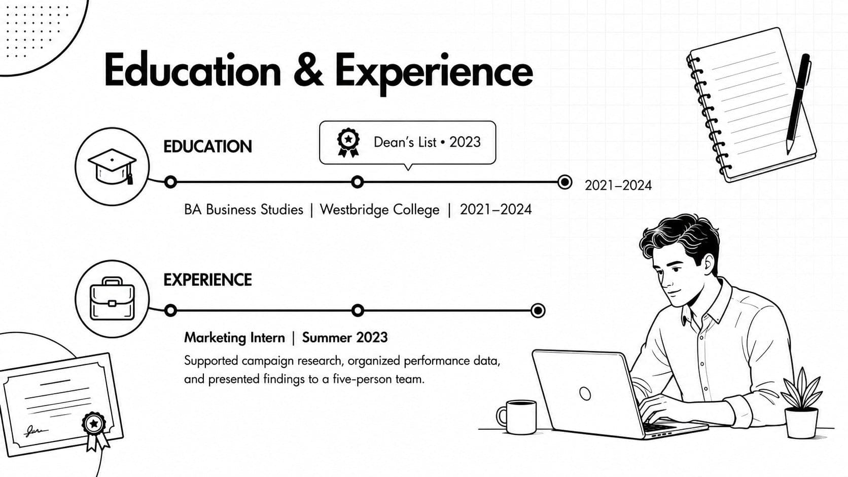 Internship application slide template showing education, practical experience, and academic achievements in a monochrome layout.