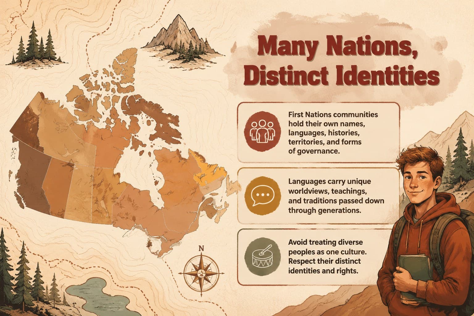 Canadian First Nations education slide explaining that communities have distinct identities, languages, and histories.