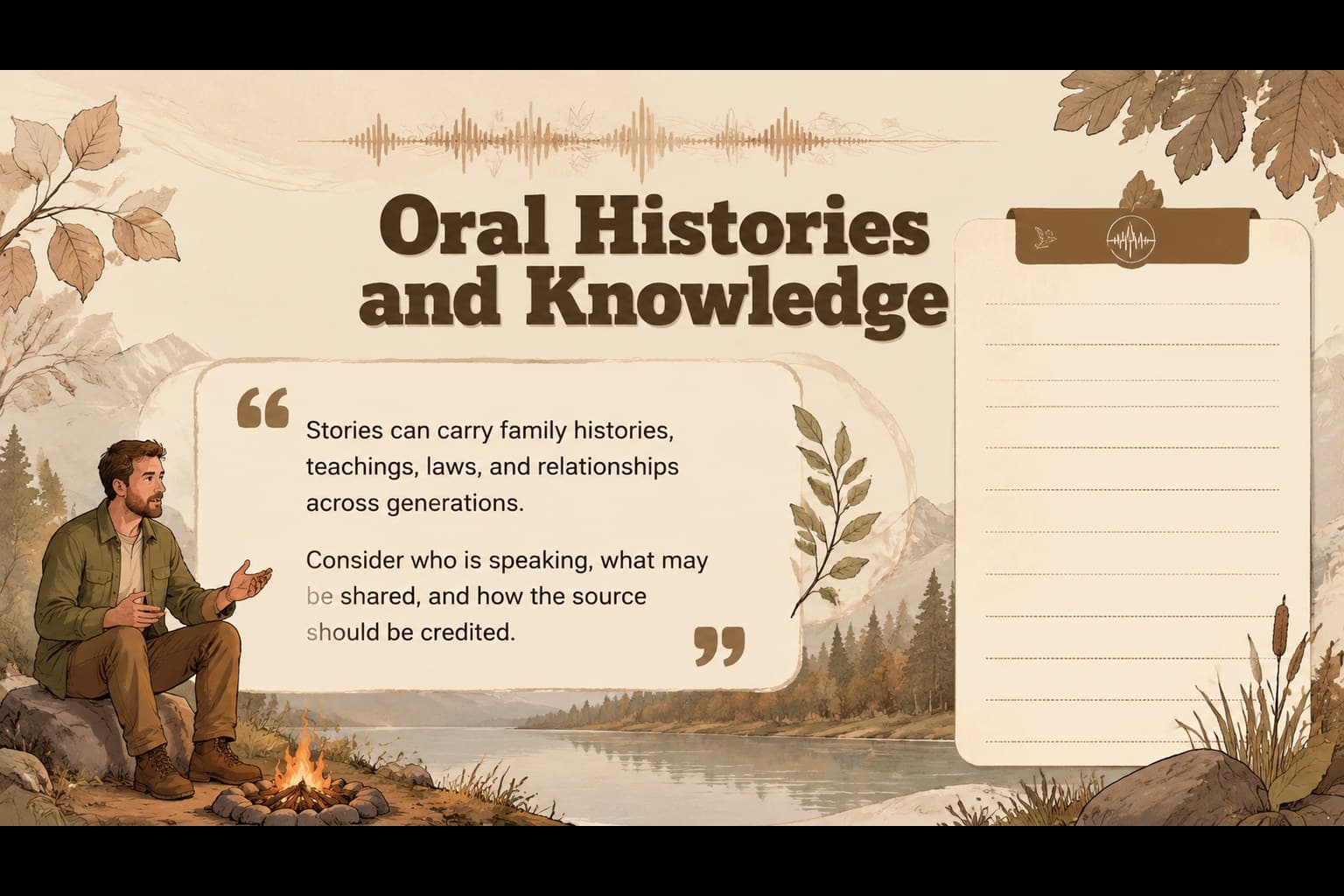 Oral histories classroom slide with illustrated speech and listening motifs in warm earth tones.