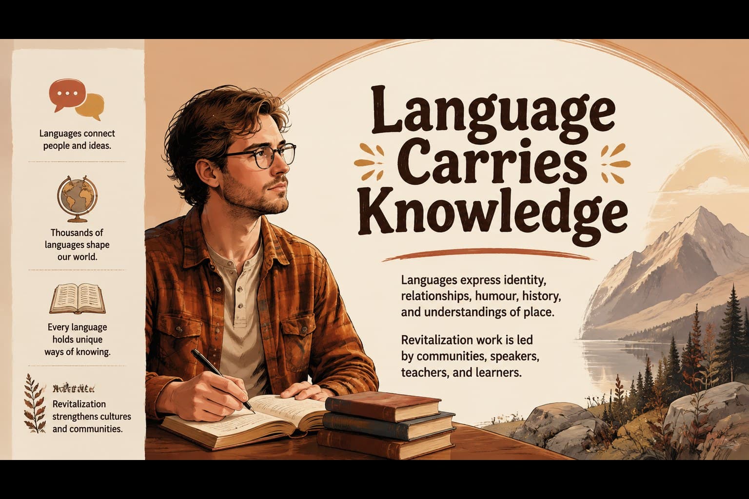 Indigenous education slide highlighting language as a carrier of identity, knowledge, and place.