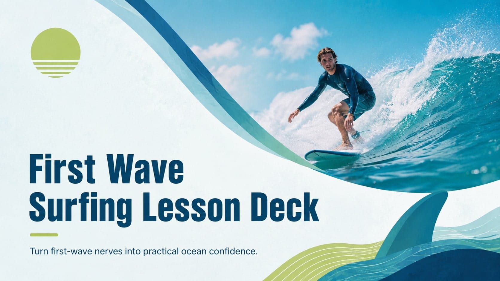 Cover of the First Wave Surfing Lesson Deck with modern blue and green ocean graphics.