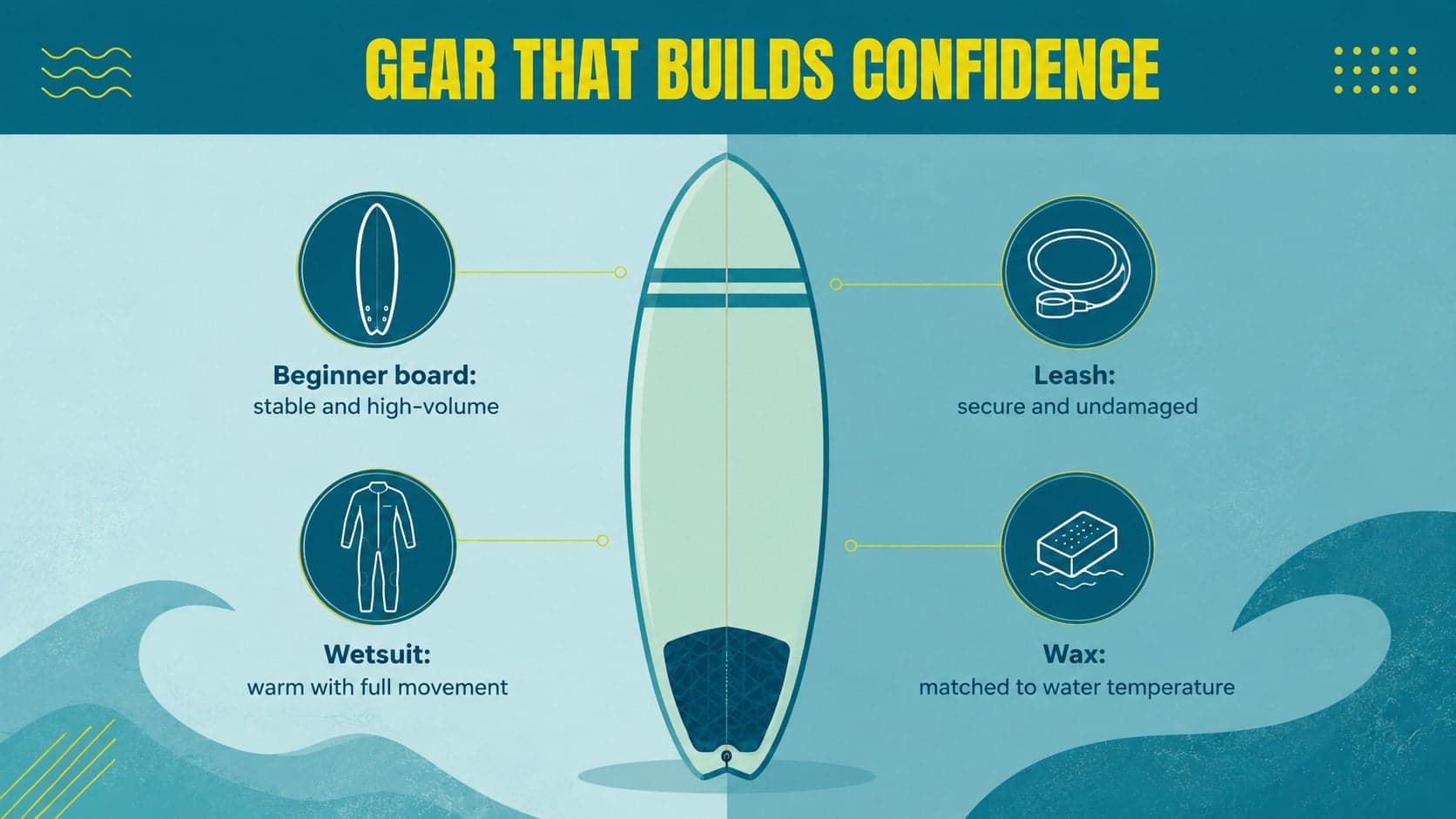 Surfboard basics presentation slide showing essential beginner equipment and fit checks.