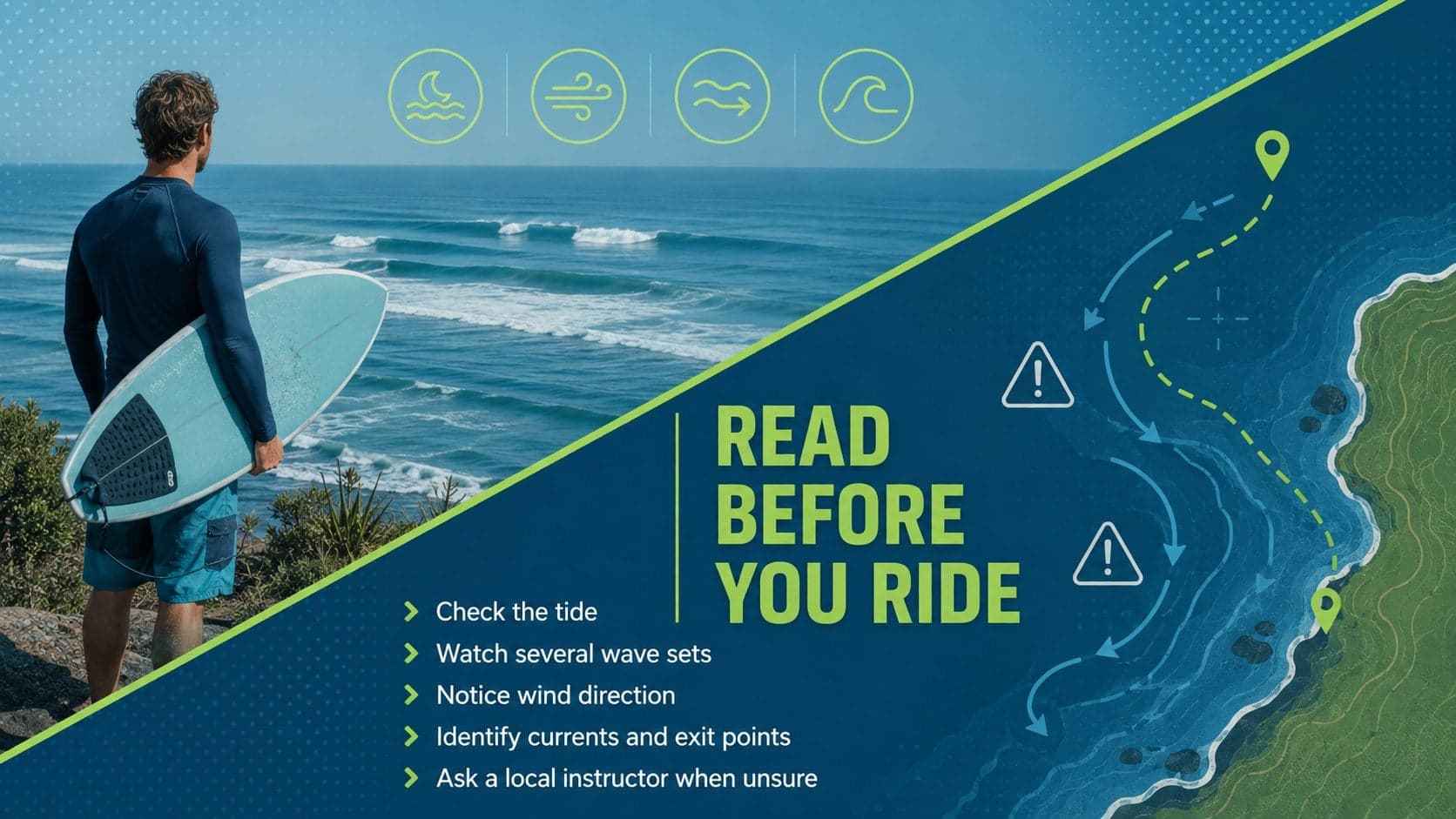 Wave-reading lesson slide comparing beginner-friendly conditions with hazards to avoid.
