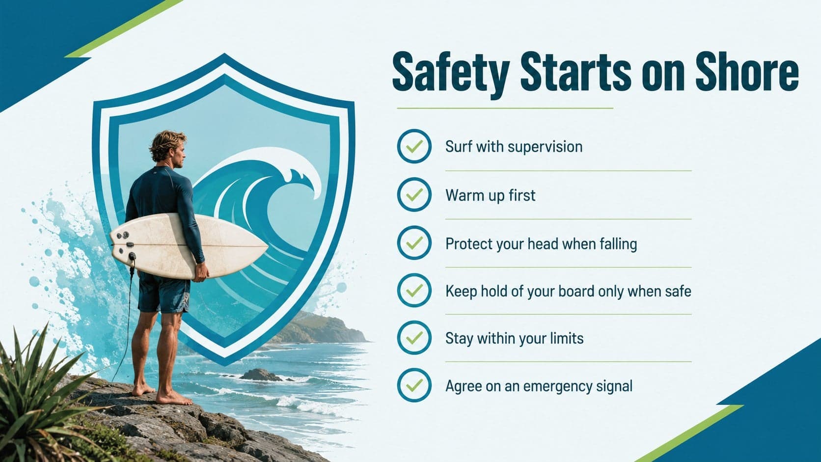 Surf safety training slide with a pre-water checklist for beginner surfers.
