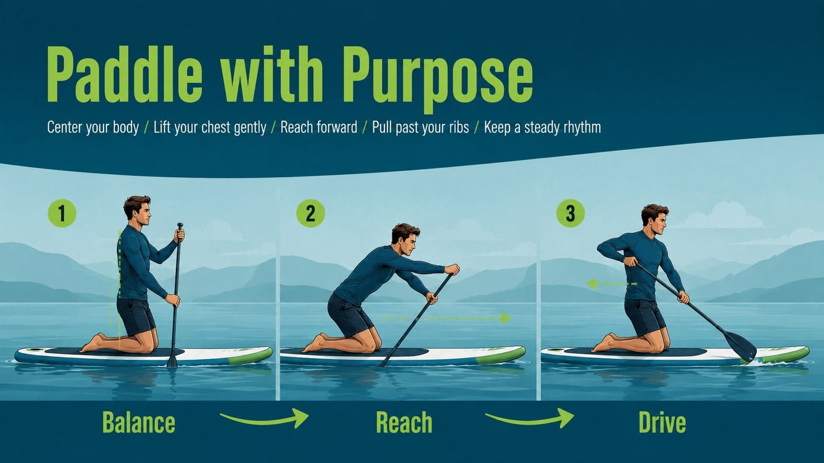 Beginner surfing technique slide explaining balanced and efficient paddling.