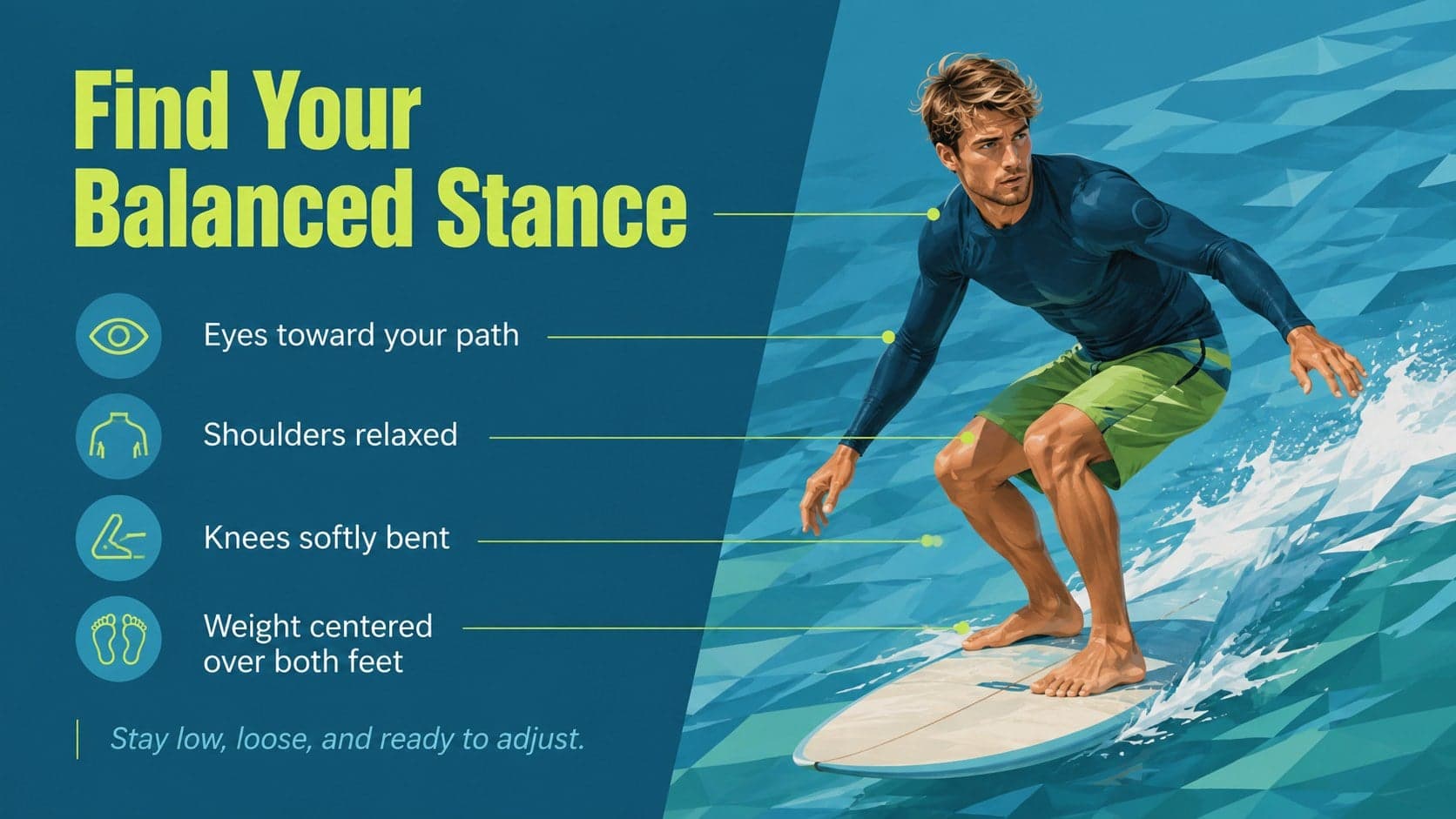 First wave coaching presentation slide demonstrating a stable beginner surfing stance.