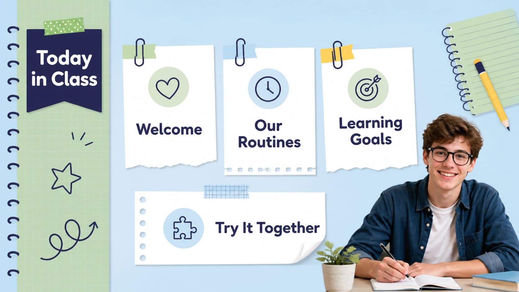 Pastel scrapbook agenda slide outlining a classroom welcome presentation for teachers.