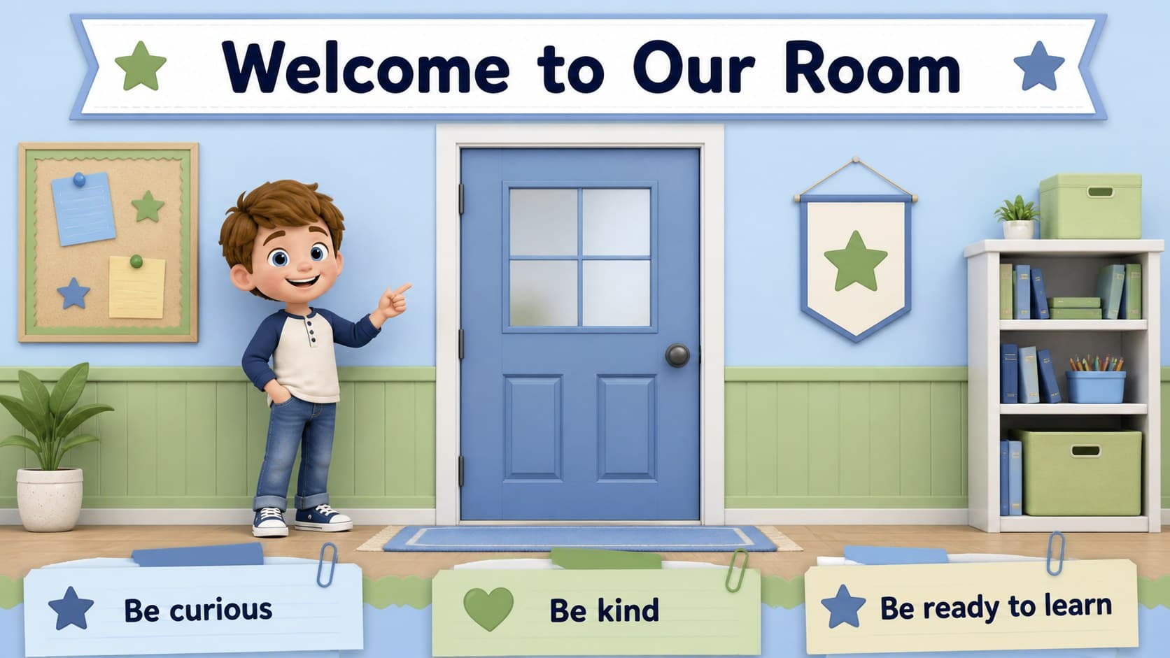 Illustrated classroom welcome slide with pastel blue-green stationery and student routine prompts.