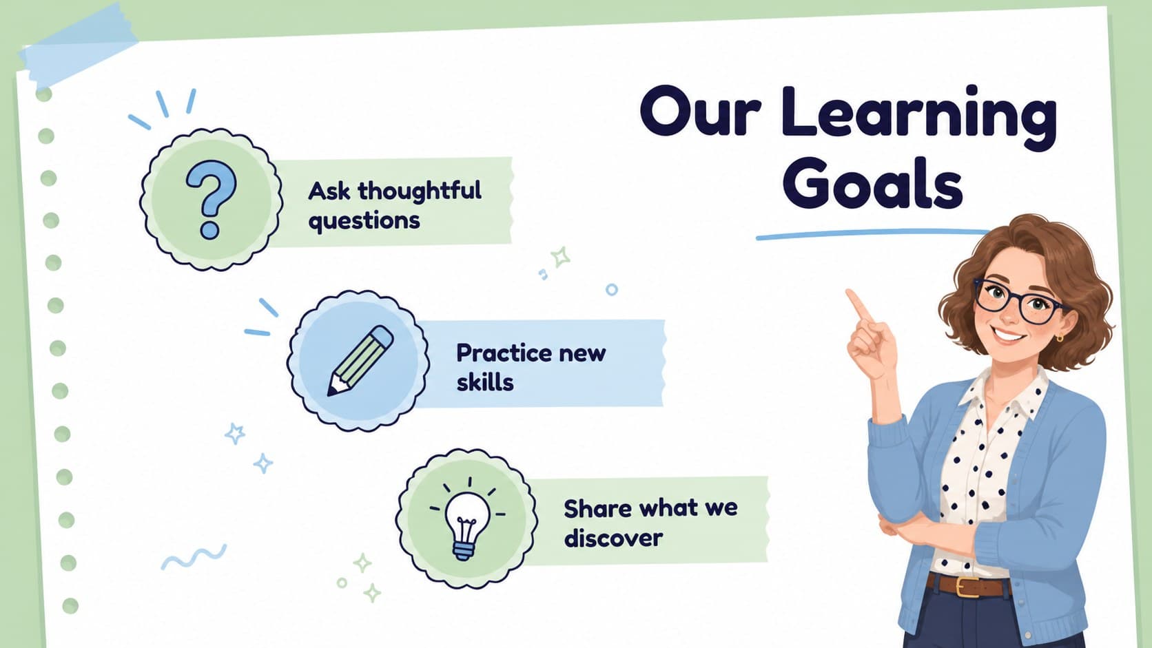 Pastel teacher lesson slides showing classroom goals in a scrapbook-inspired layout.