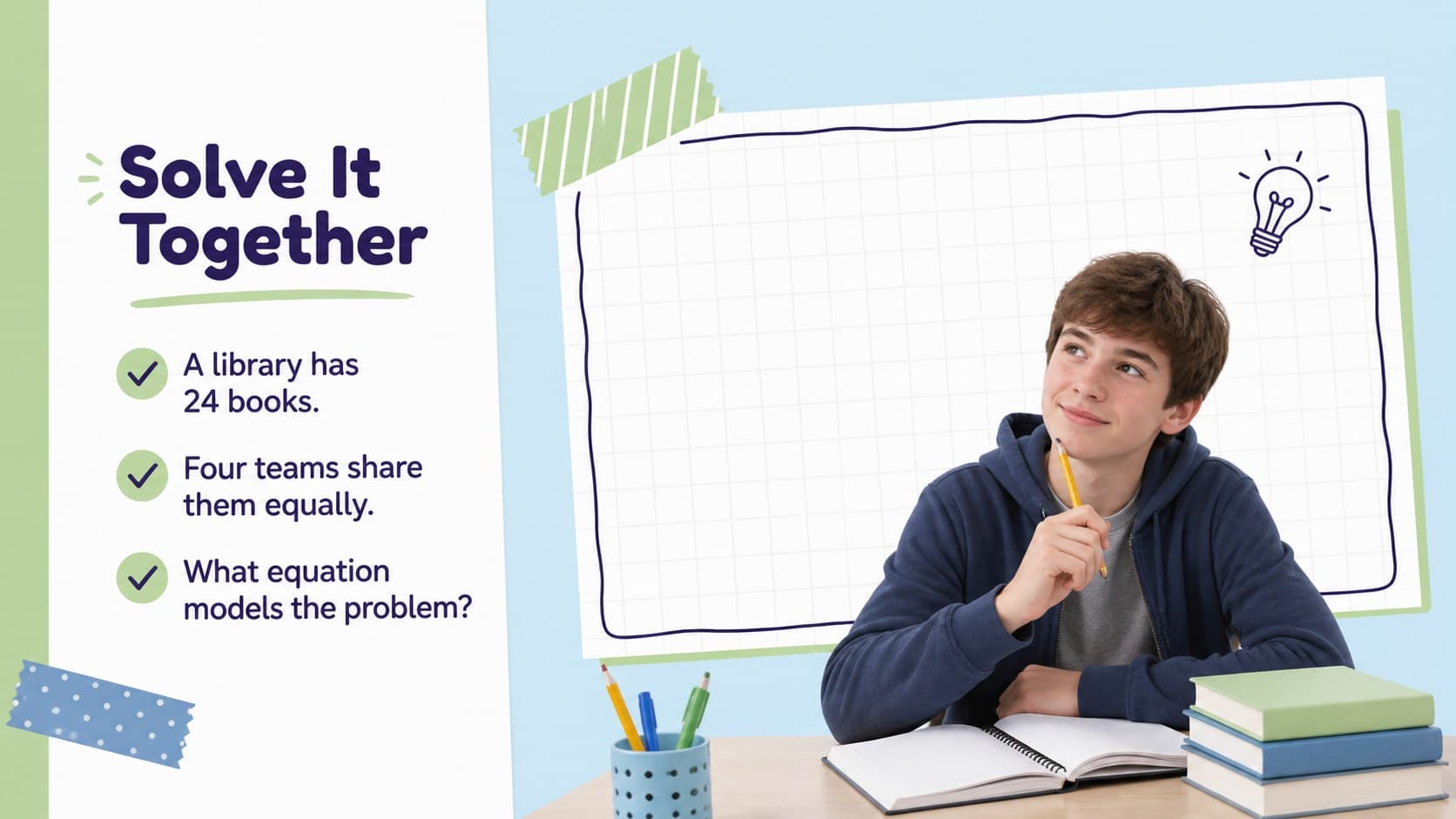Editable math lesson presentation slide with pastel charts and a short problem-solving prompt.