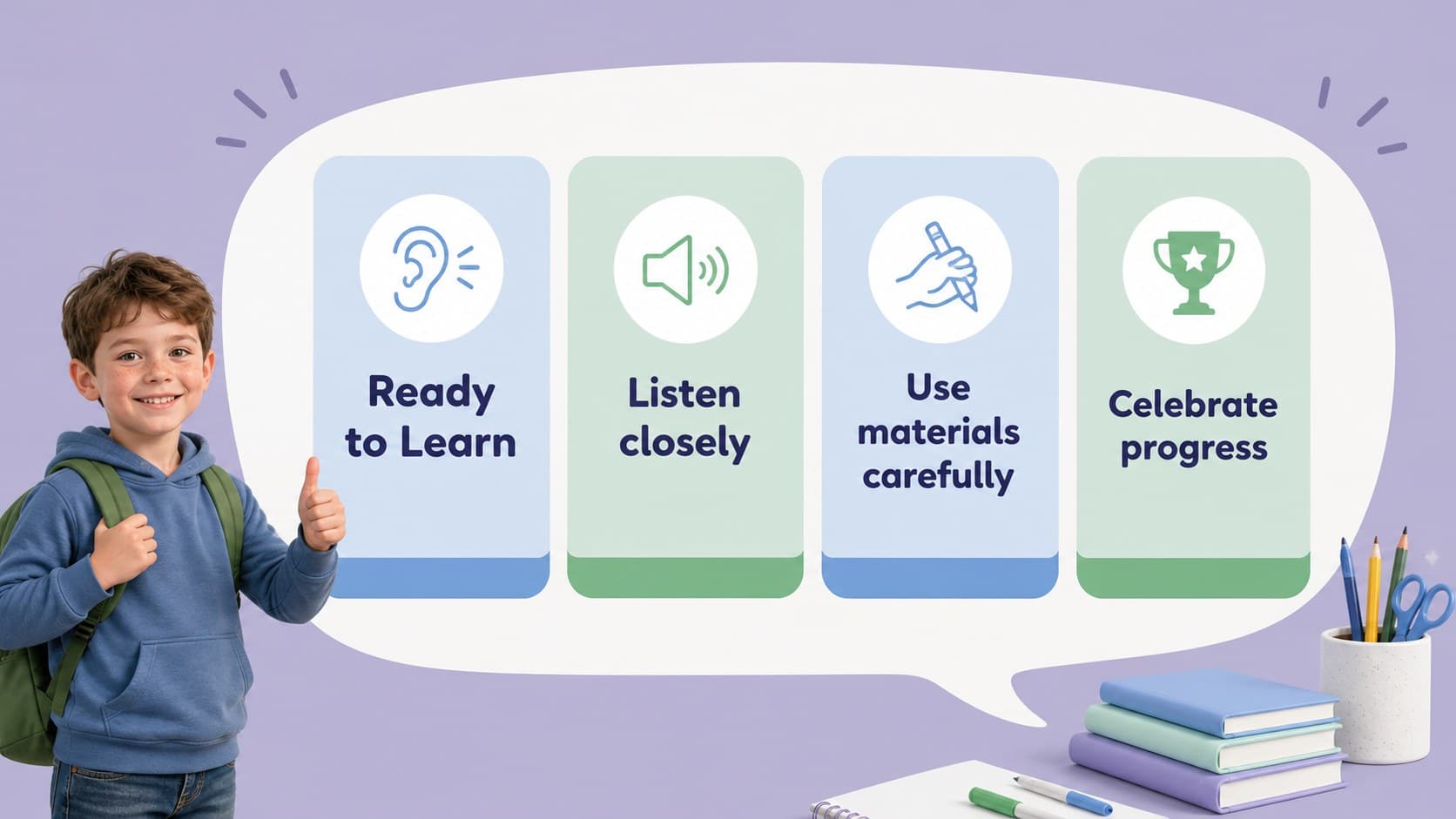 Student routine presentation template slide with illustrated classroom expectations and pastel paper layers.