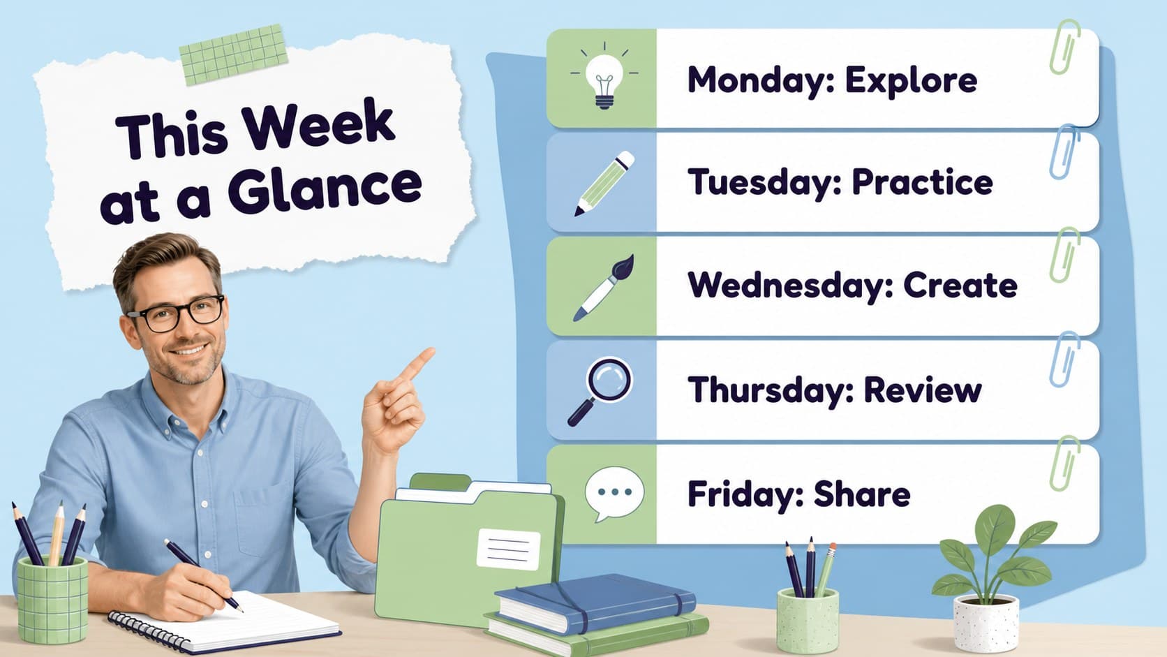 Pastel blue-green lesson planning slide presenting a weekly classroom schedule with scrapbook graphics.
