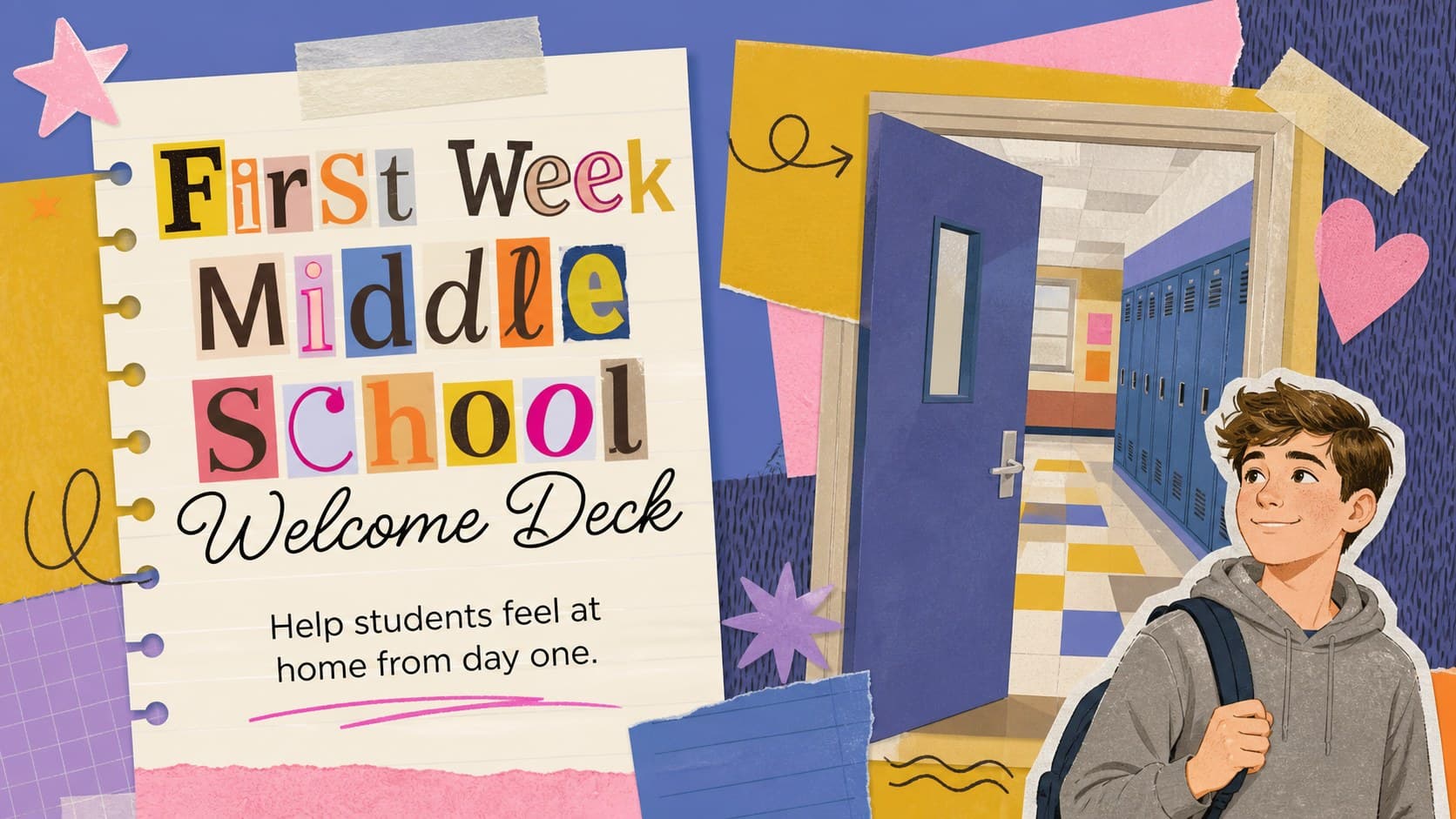 Colorful scrapbook cover introducing a middle school welcome deck for the first week.