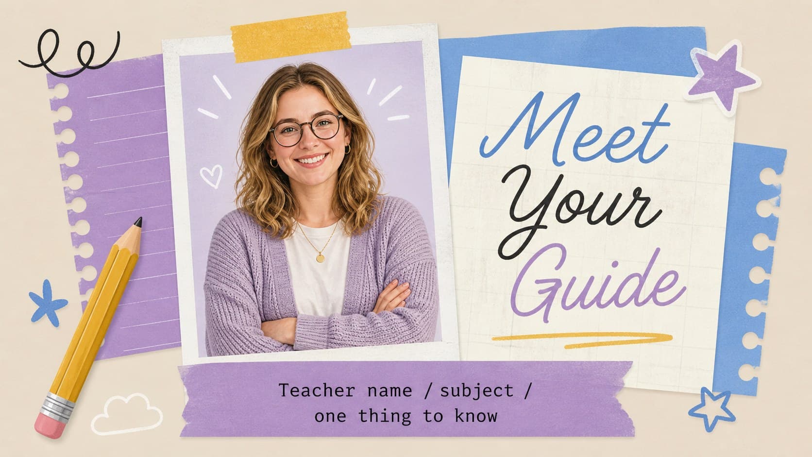 Scrapbook-style middle school orientation presentation slide with a friendly teacher introduction.