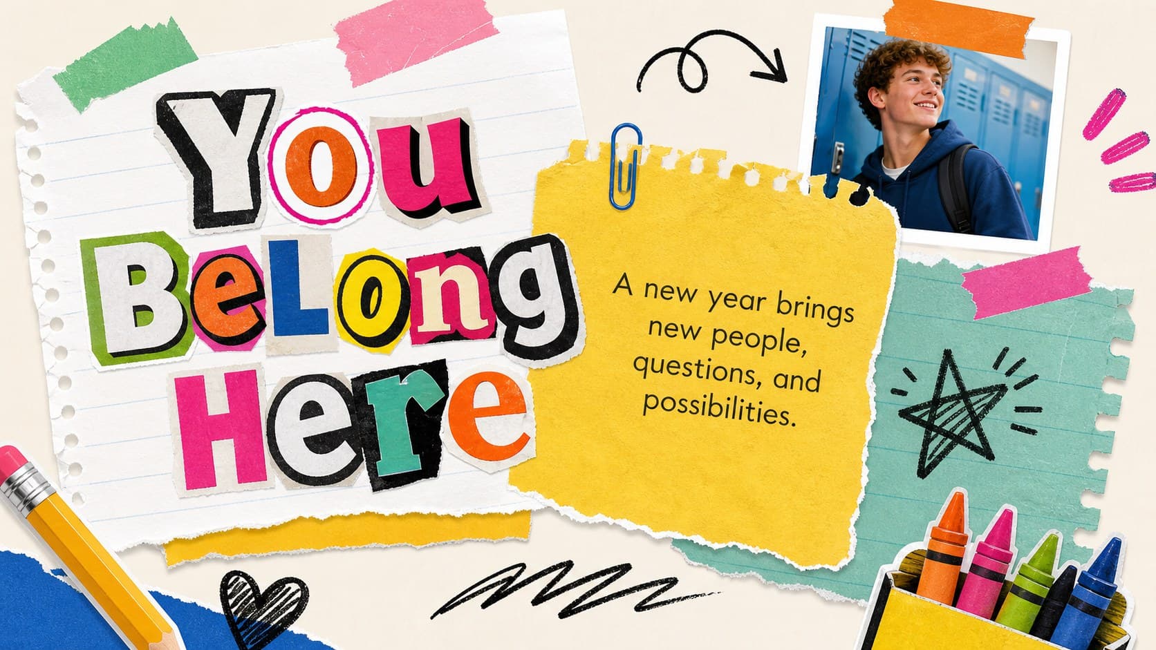 Colorful first-week-of-school slides showing a student welcome message and classroom community notes.