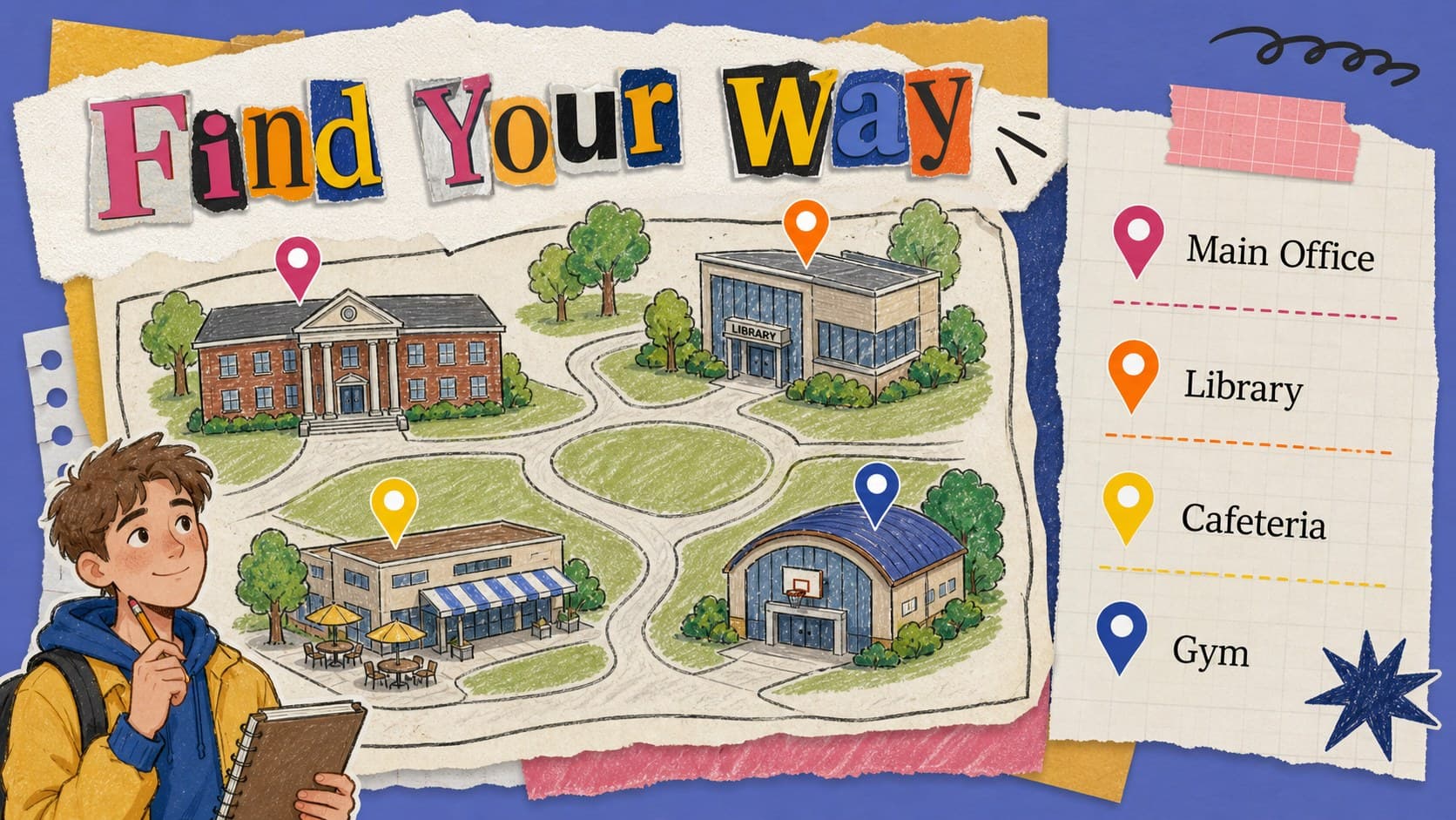 Scrapbook classroom presentation slide mapping important middle school places and support areas.