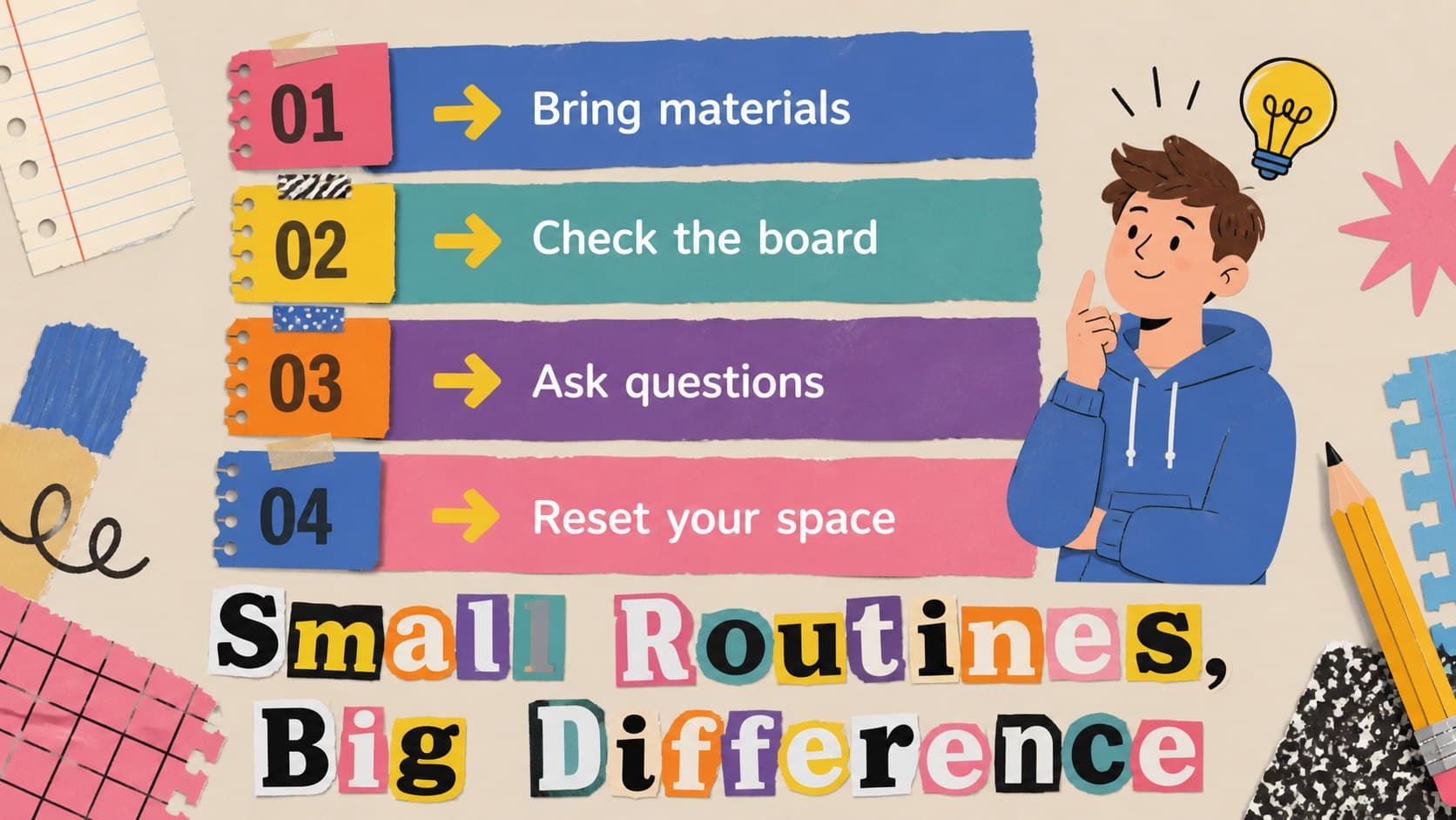 Colorful student orientation slide presenting practical classroom routines in scrapbook blocks.