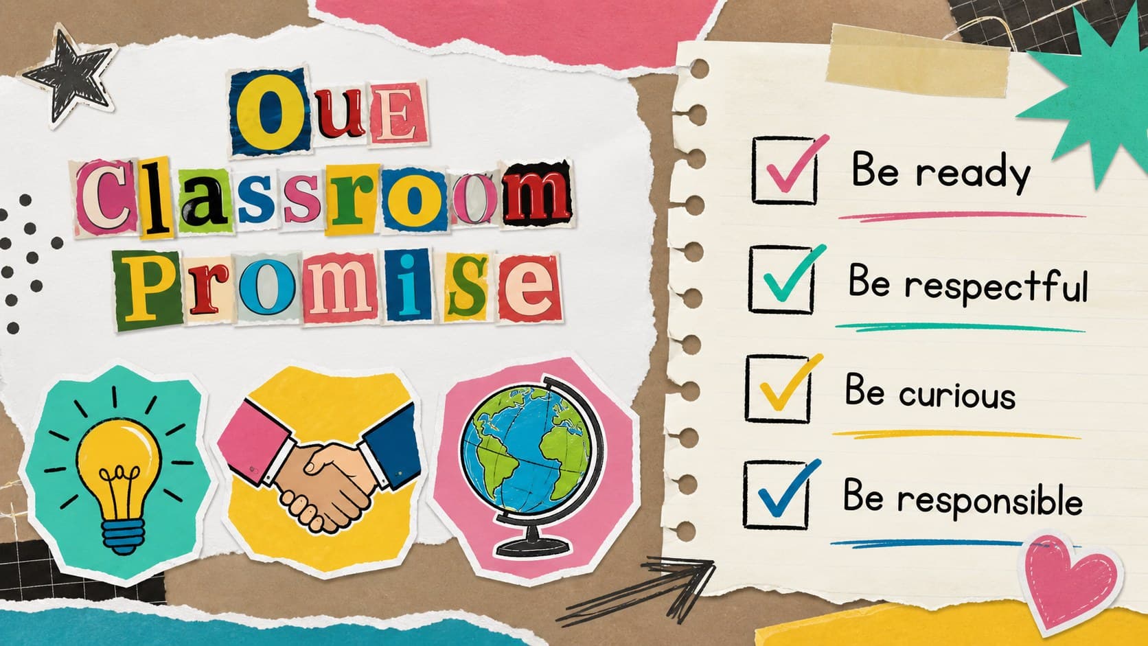 Middle school orientation presentation slide featuring a colorful classroom expectations checklist.