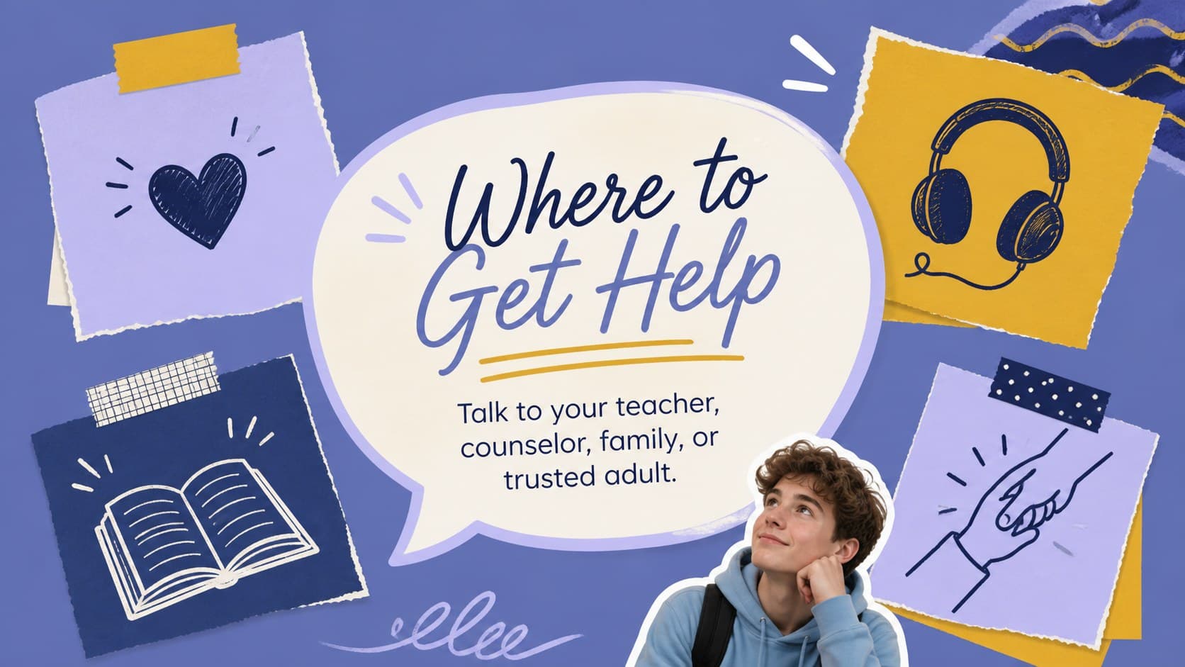 First-week-of-school slides with a scrapbook-style student support resources layout.