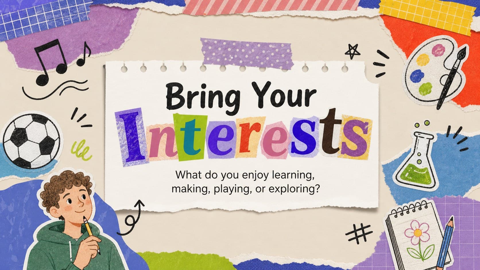 Colorful middle school welcome deck slide with a student interests and community activity prompt.