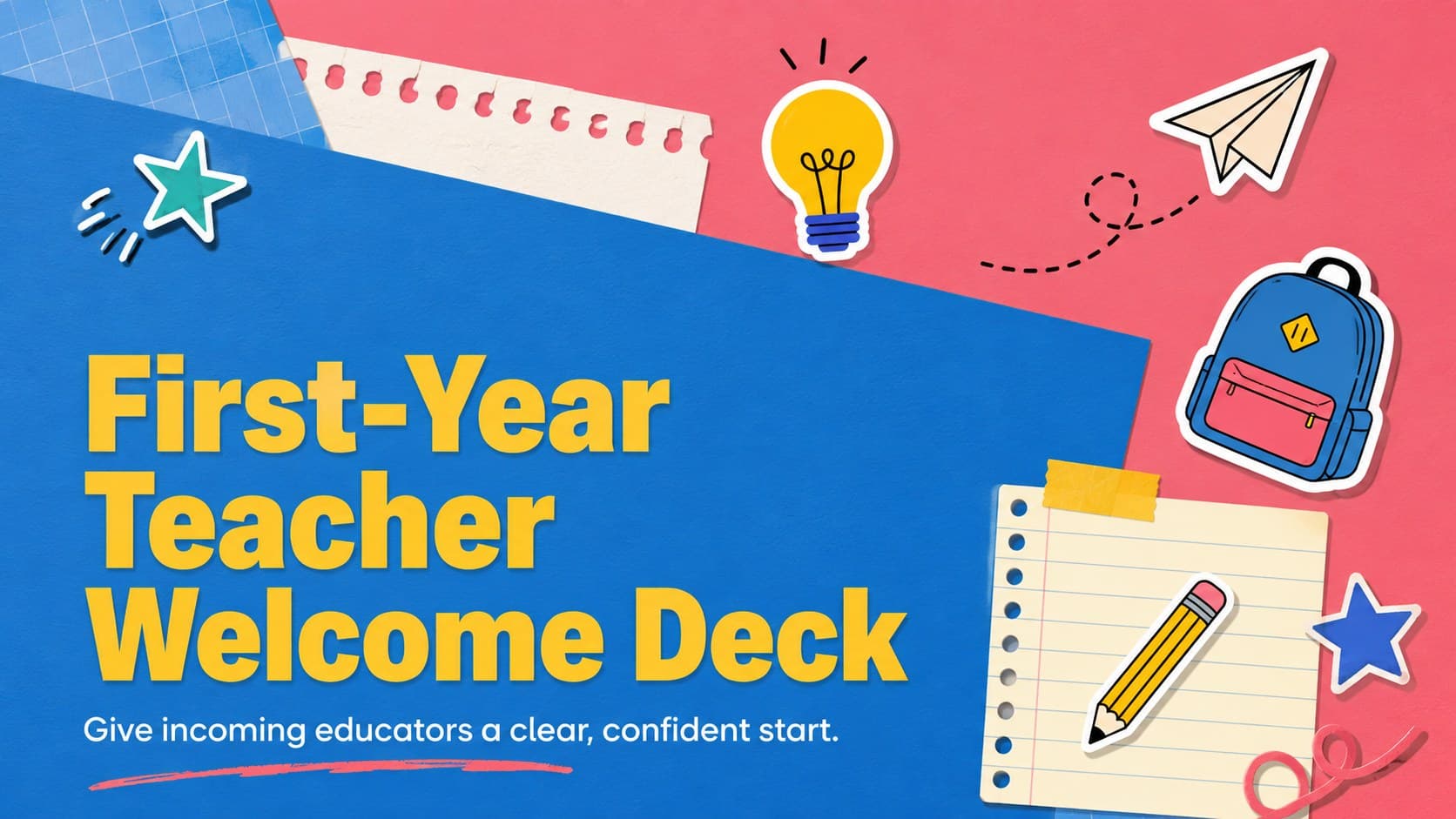 Cover of the First-Year Teacher Welcome Deck with playful blue and pink school-themed graphics.
