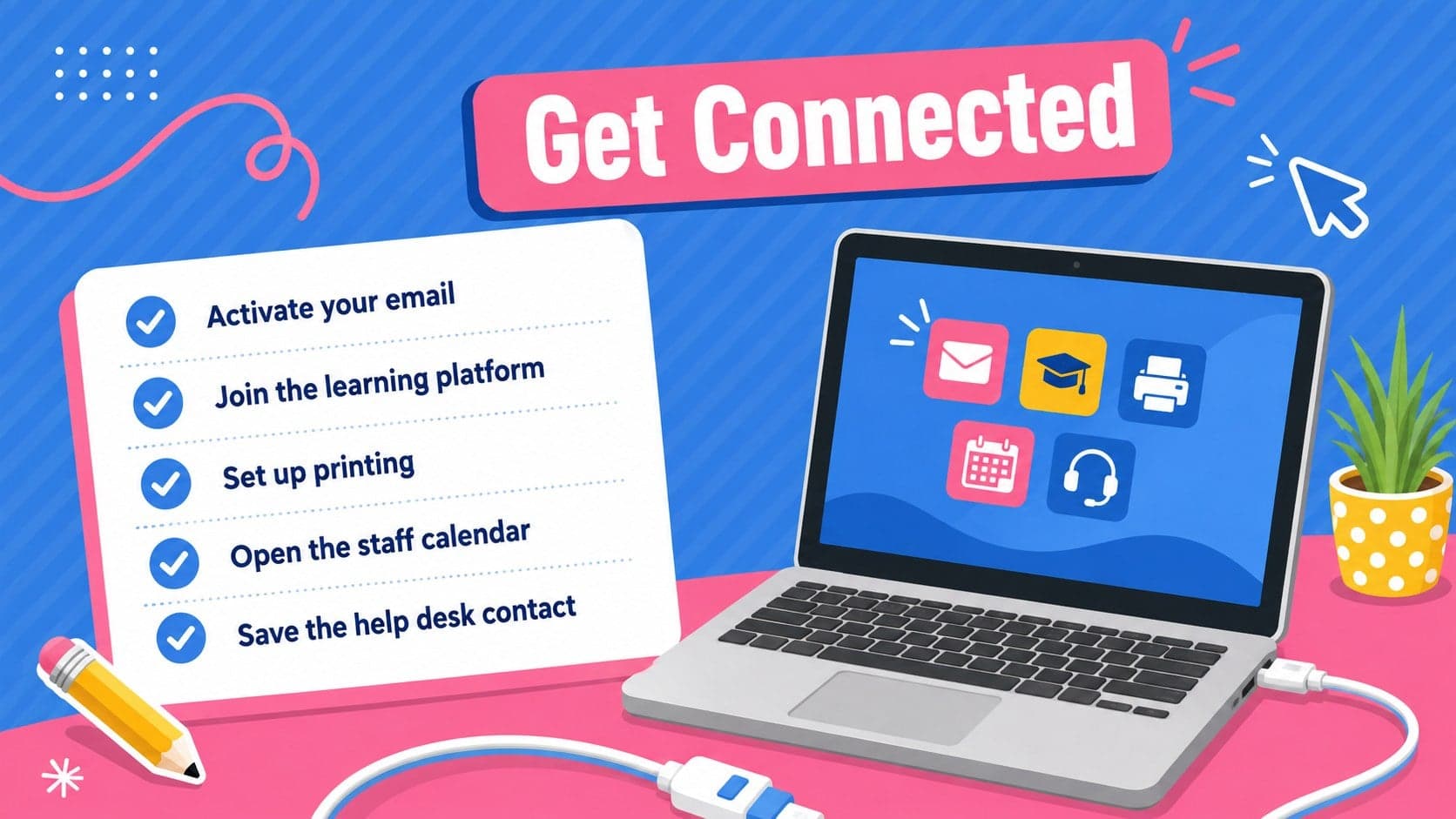 Technology setup checklist for teacher onboarding Google Slides and PowerPoint sessions.