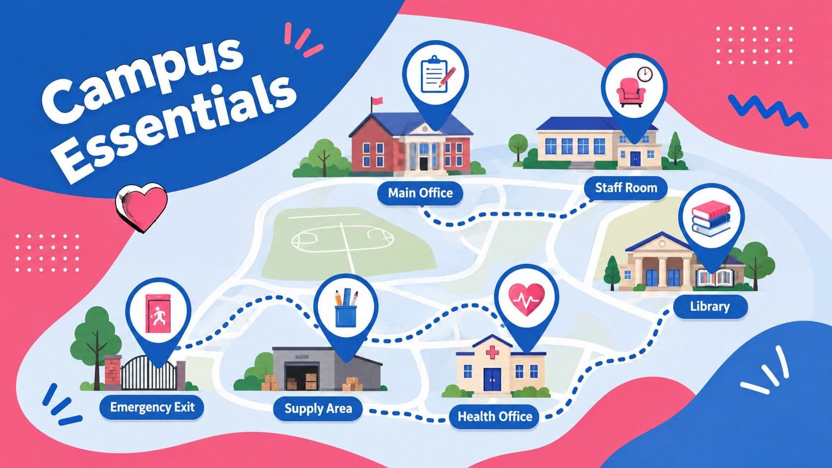 Campus essentials slide showing key locations for new faculty orientation.