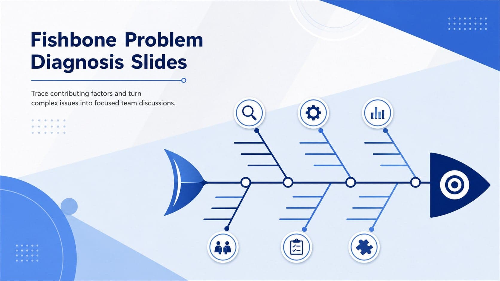 Cover for Fishbone Problem Diagnosis Slides with a blue cause-mapping illustration and concise workshop subtitle.