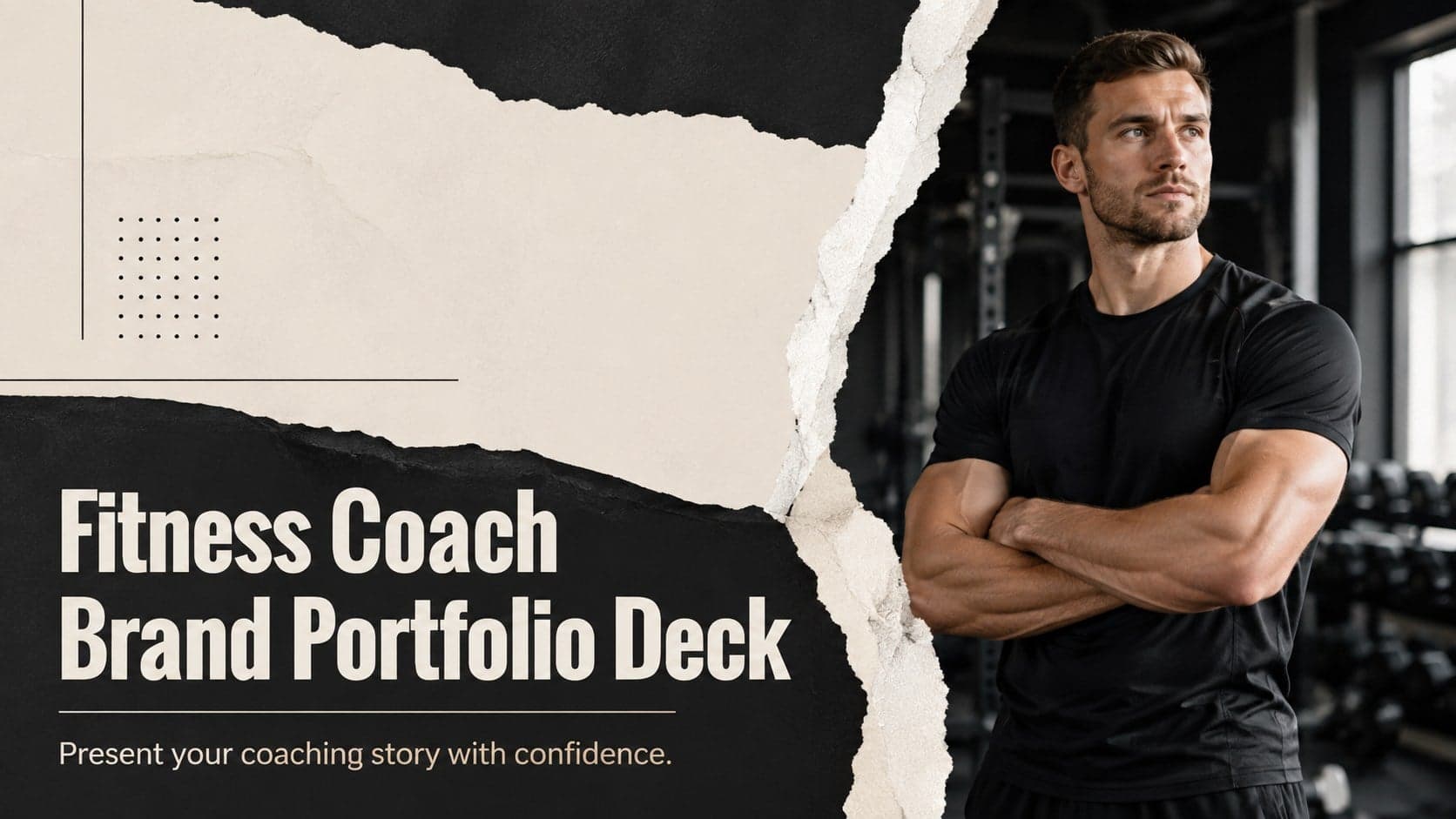 Cover of a fitness coach brand portfolio deck with bold typography, training photography, and black-and-beige paper textures.