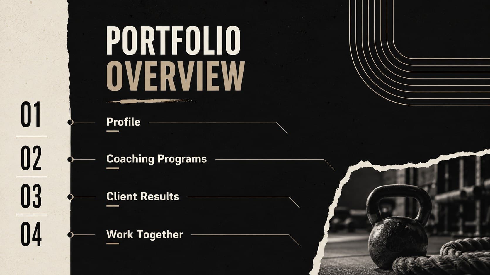 Minimal fitness coach portfolio presentation agenda outlining profile, programs, proof, and partnership details.