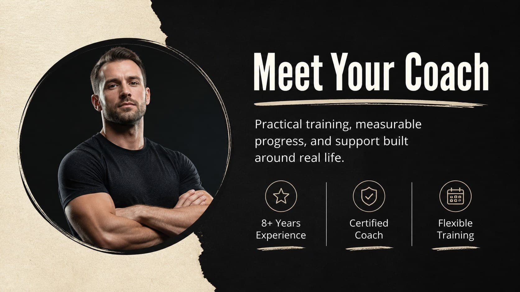 Personal trainer profile slide presenting a coach biography, experience, and practical training approach.