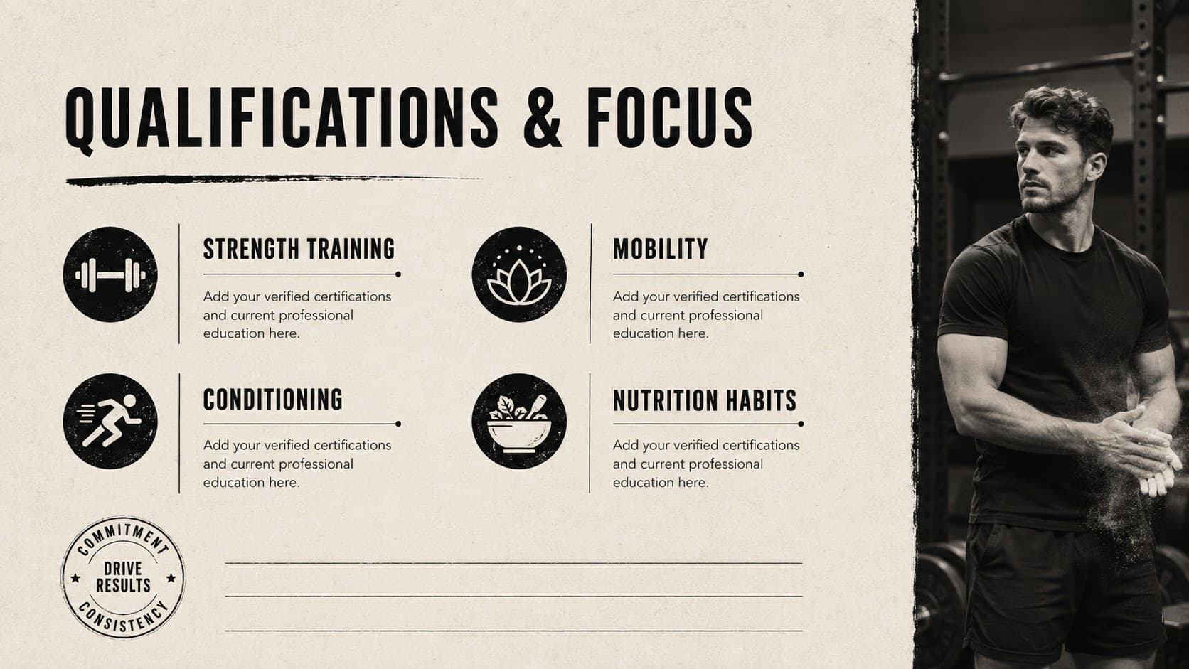 Strength coach credentials presentation slide listing certifications, specialties, and professional education.