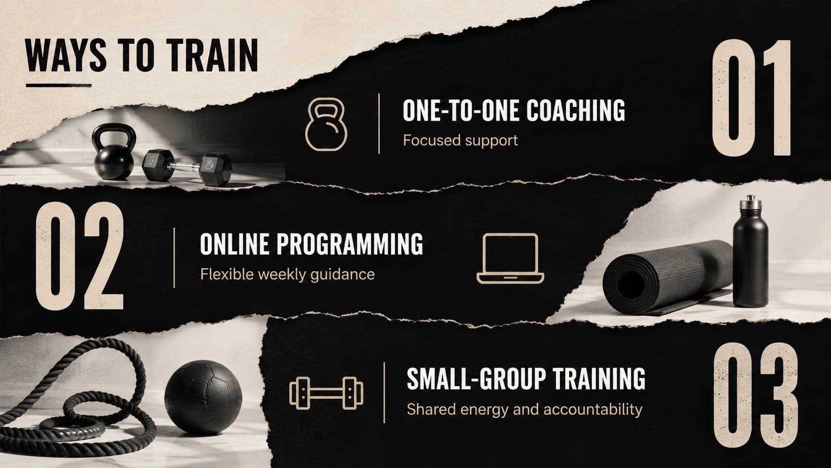 Personal training services slide deck page comparing one-to-one, online, and small-group coaching options.