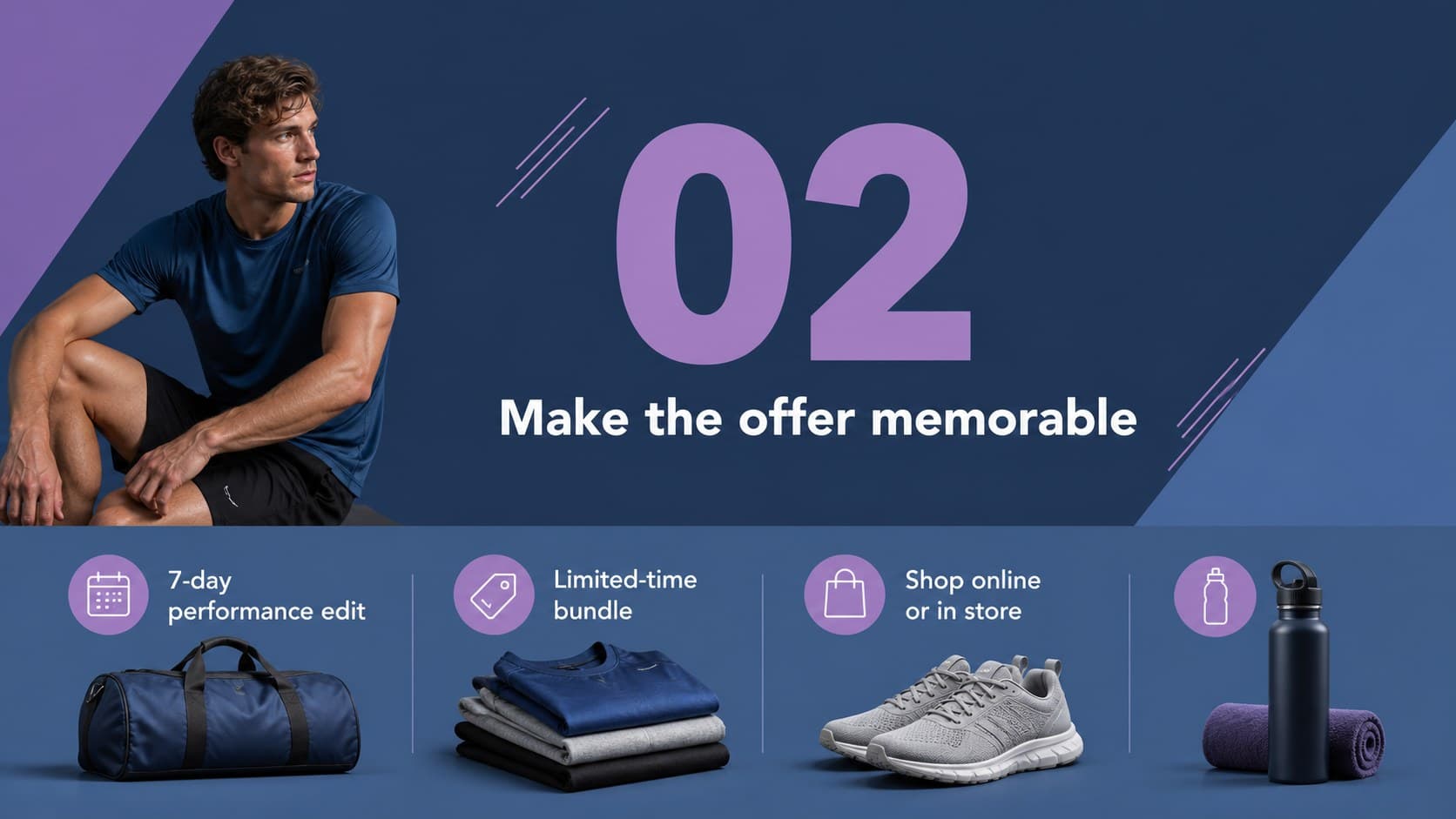 Promotional concept slide presenting a limited-time sportswear offer with bold purple geometric blocks.