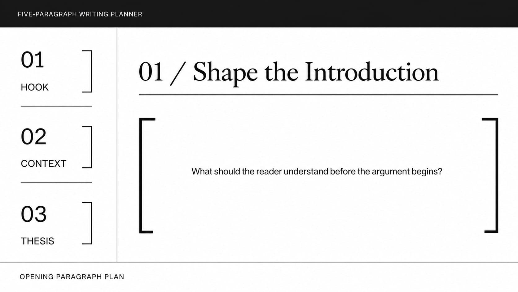 Essay planning worksheet slide showing thesis and introduction prompts in a clean monochrome document design.