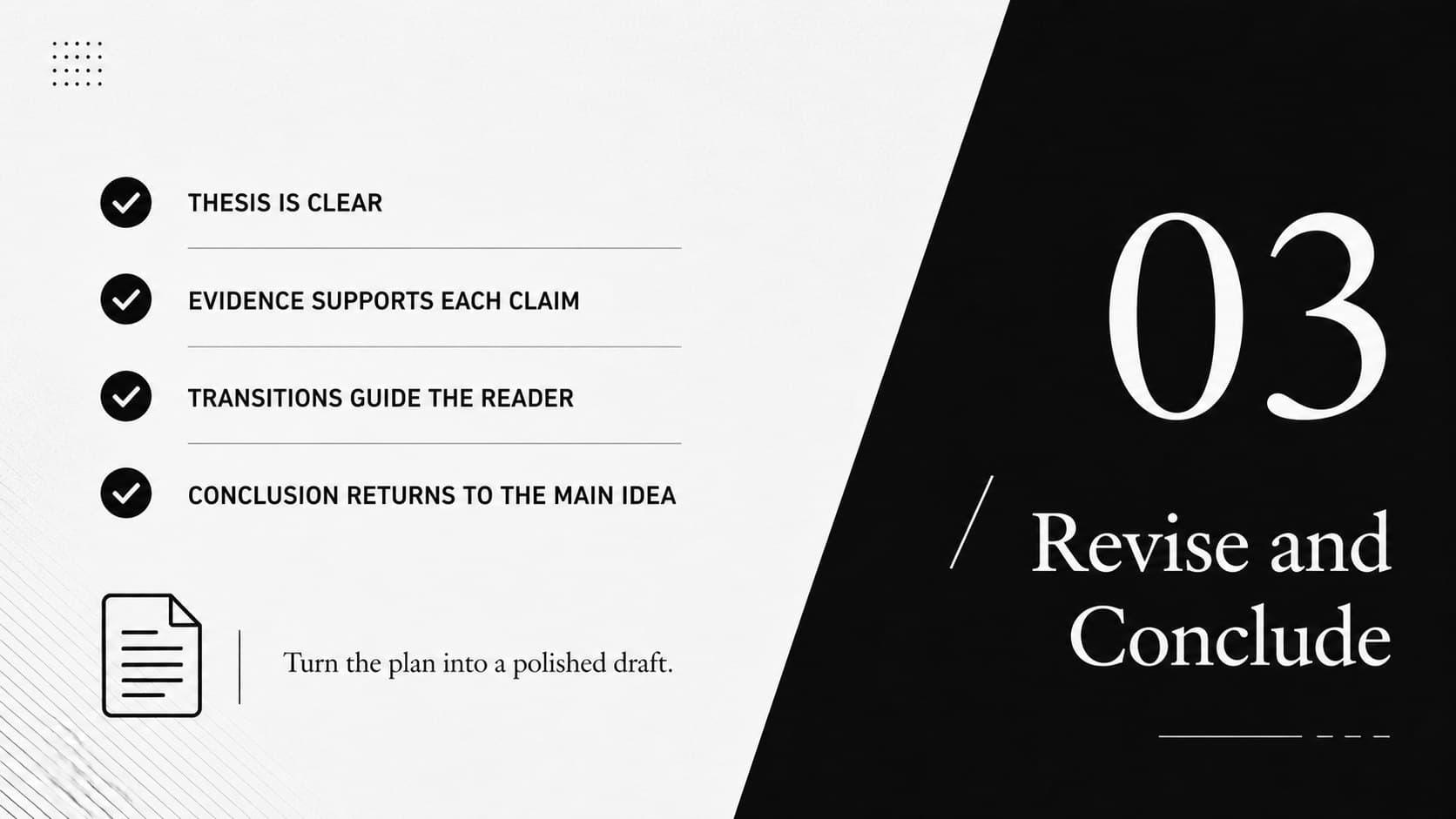 Essay revision checklist slide with conclusion prompts and a final-draft review layout in black and white.