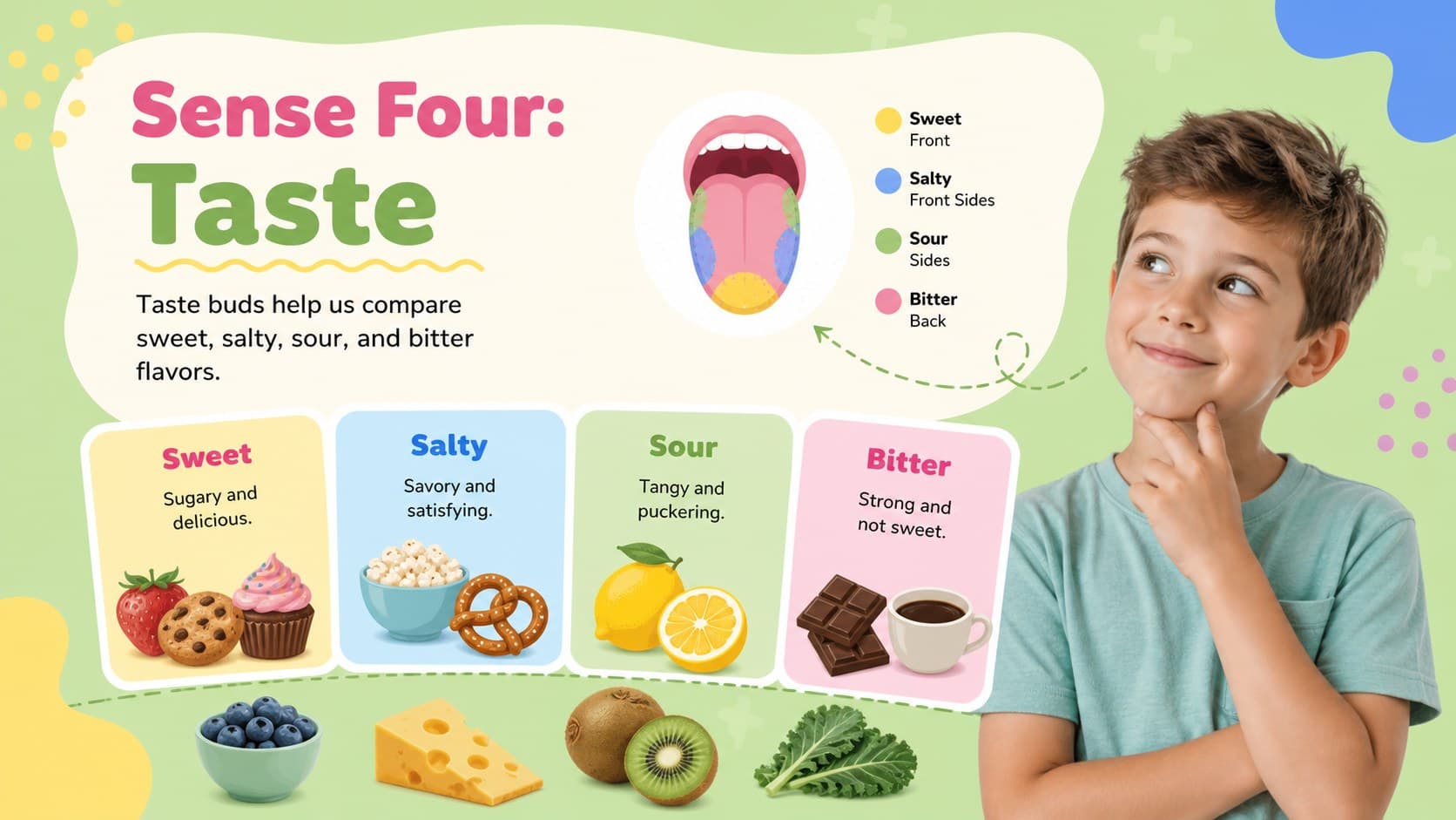 Taste lesson slide comparing sweet, salty, sour, and bitter flavors for a classroom science activity.