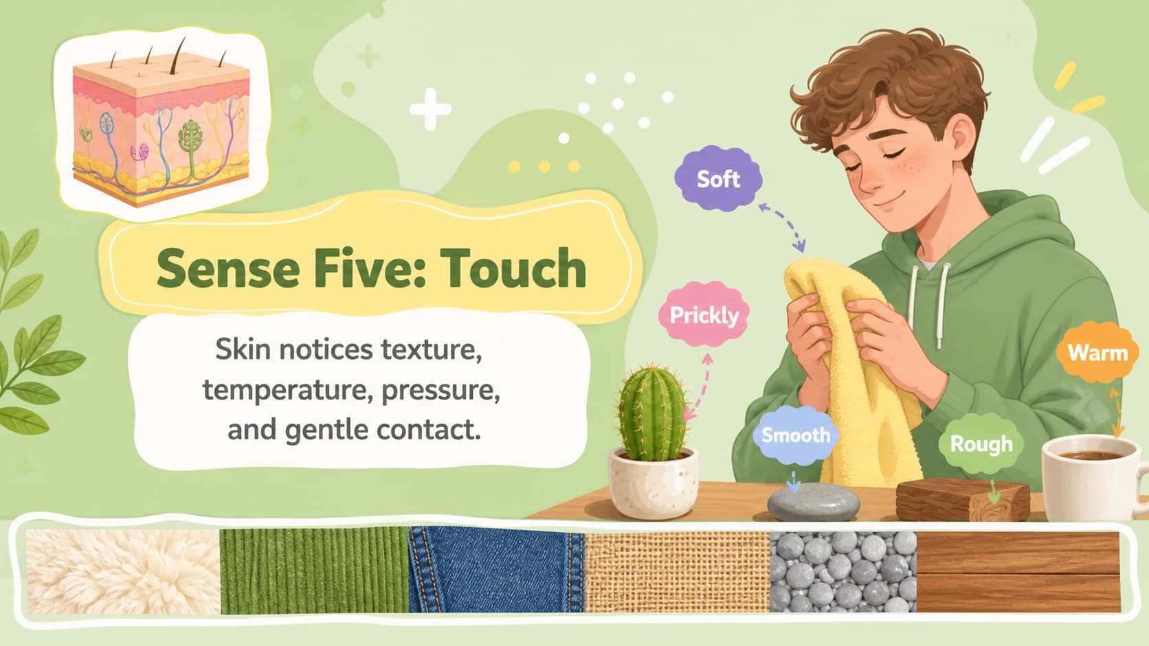 Touch lesson slide showing skin, texture, temperature, and pressure examples for young learners.
