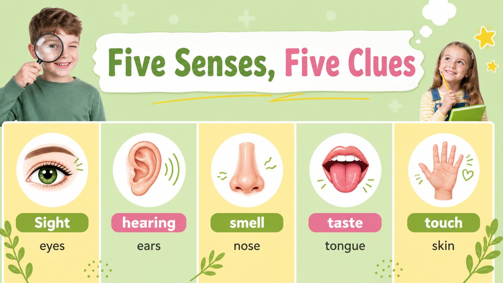 Comparison slide organizing the five senses and their related body organs in a clear biology lesson layout.