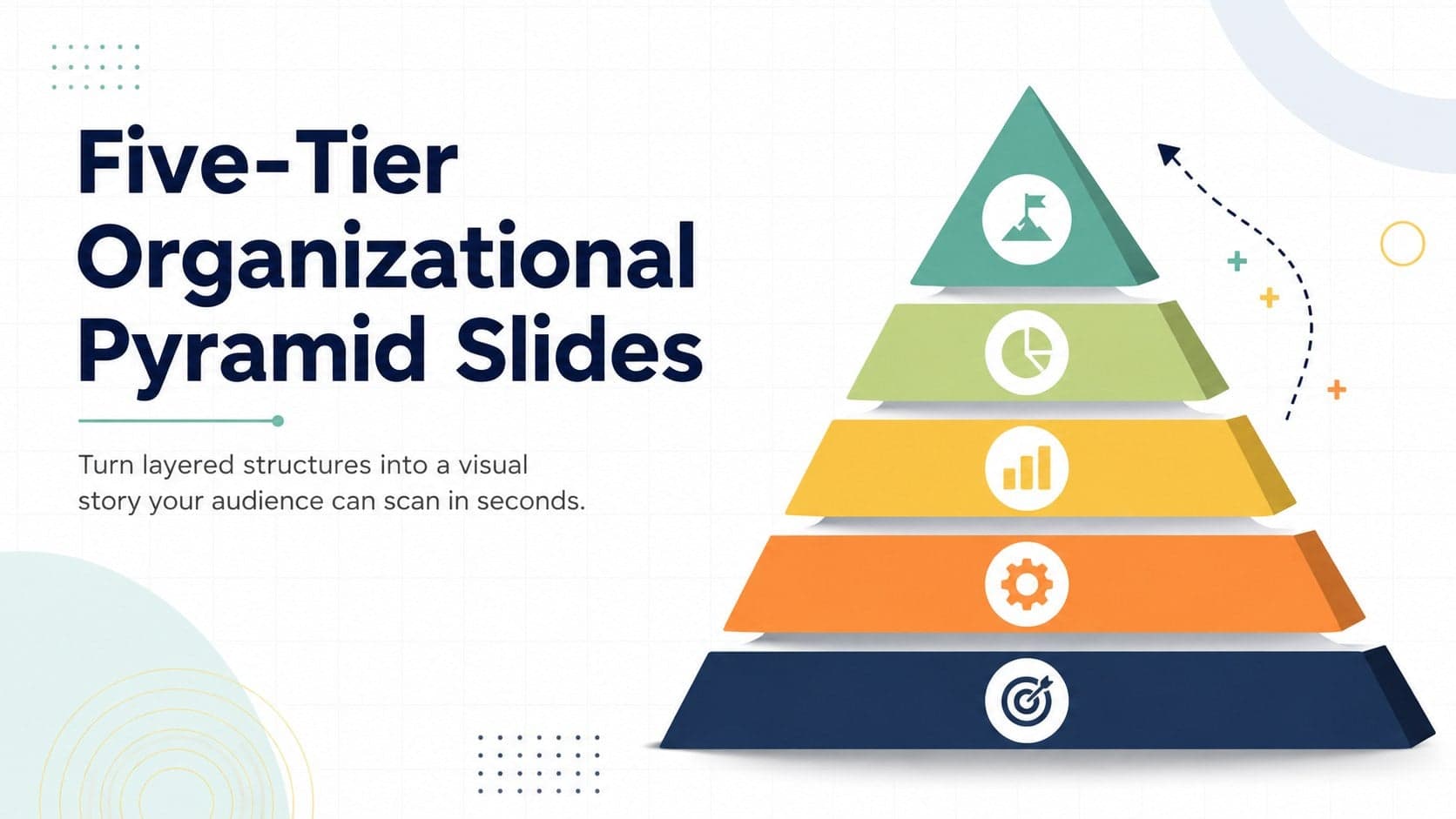 Cover for five-tier organizational pyramid slides with colorful geometric levels and clean corporate typography.