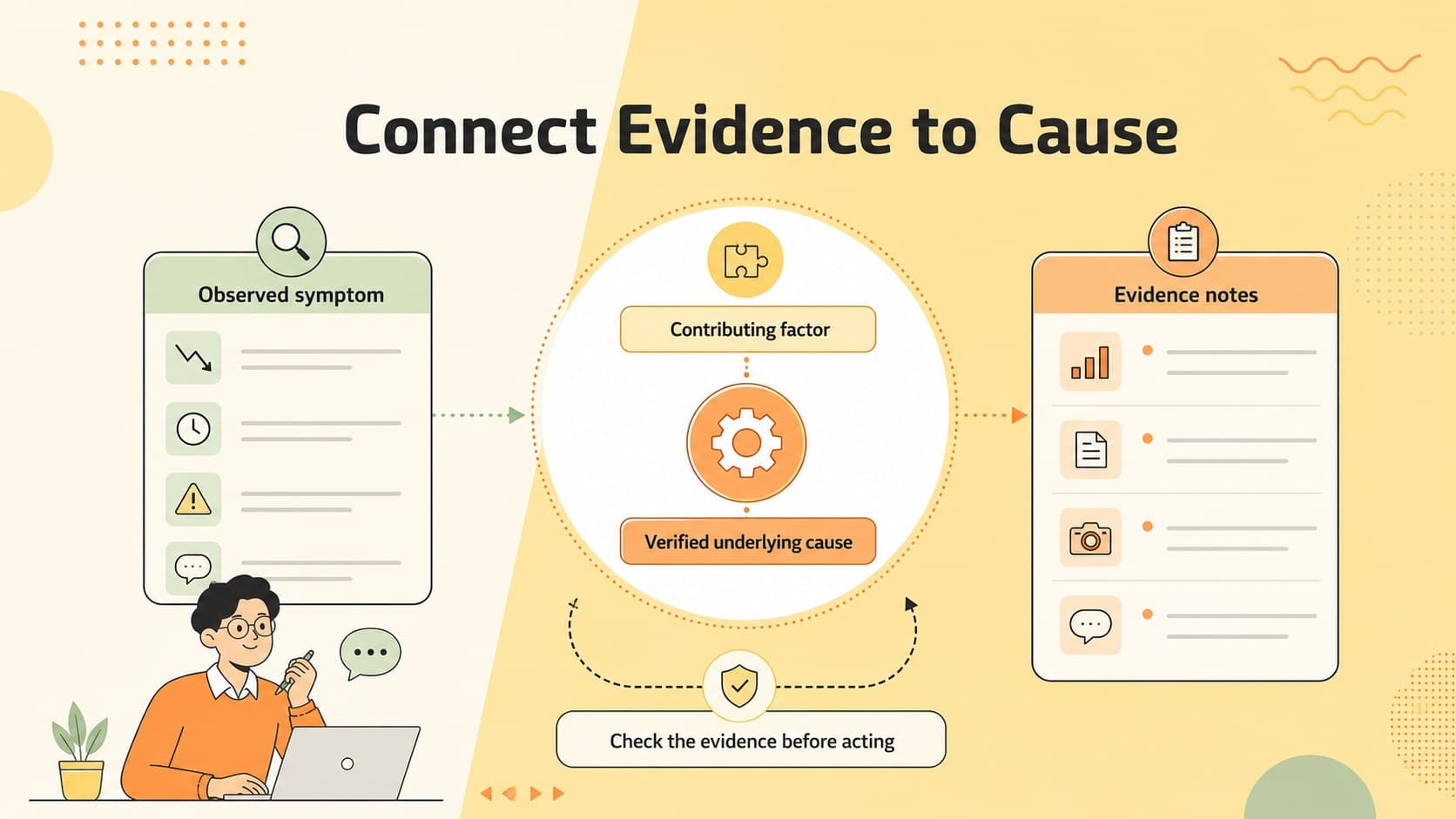 Editable issue investigation slides layout connecting symptoms, contributing factors, and a confirmed underlying cause.