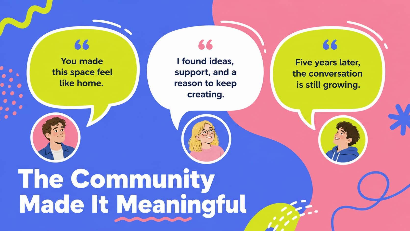 Community voices slide with editable quote cards for a social media milestone deck.