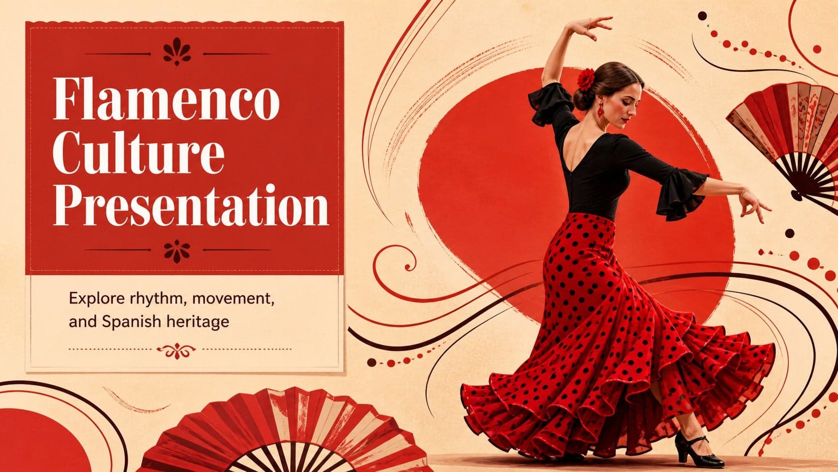 Red illustrated cover introducing a flamenco culture presentation with expressive dance-inspired graphics.