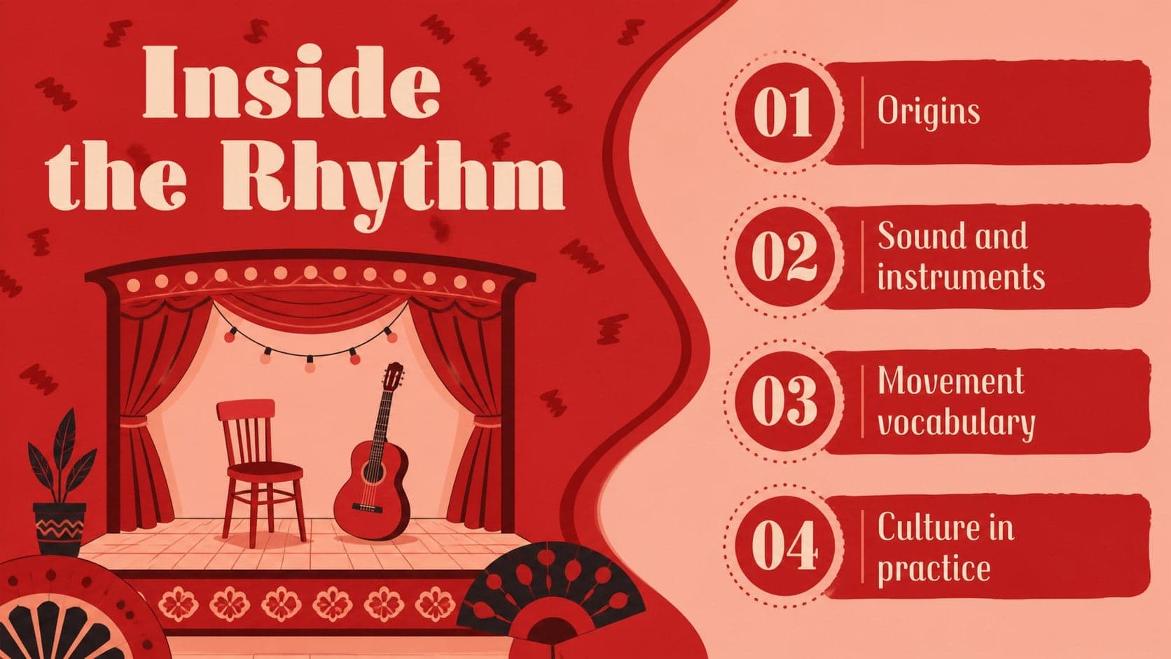 Illustrated agenda slide outlining sections for a flamenco culture presentation in a bold red theme.
