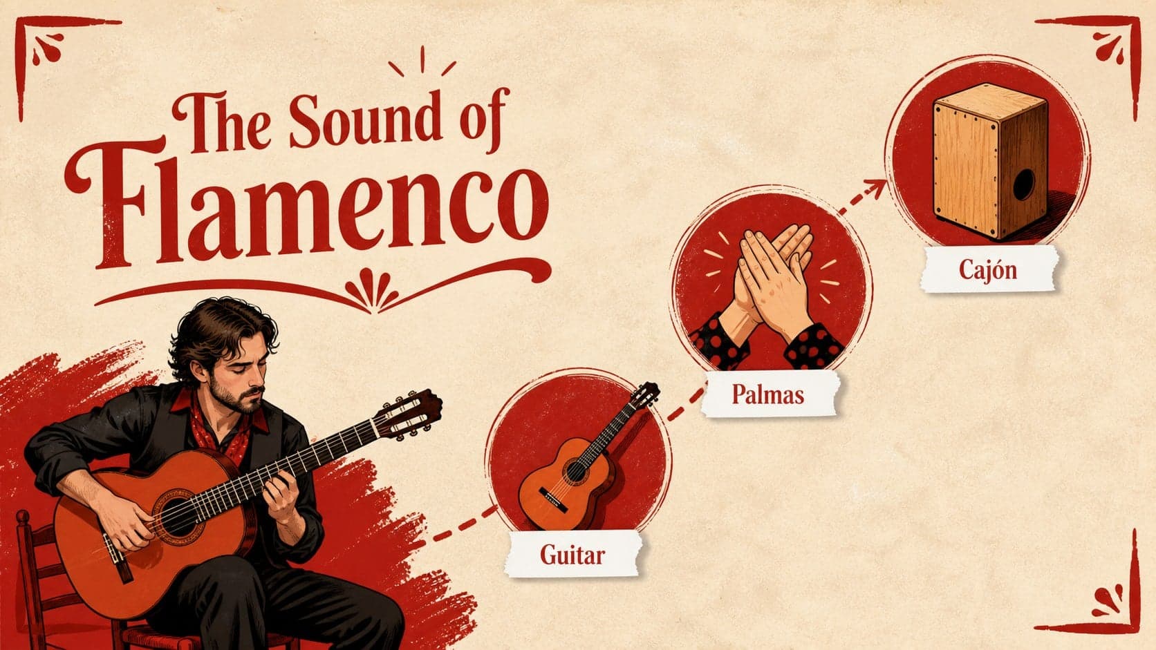 Illustrated flamenco instruments slide featuring guitar, handclaps, and percussion in red accents.