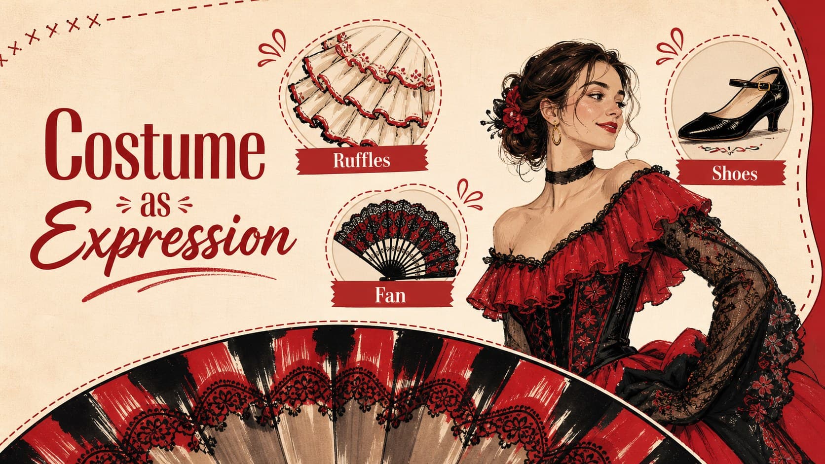 Red illustrated slide presenting flamenco costume details and expressive accessories.