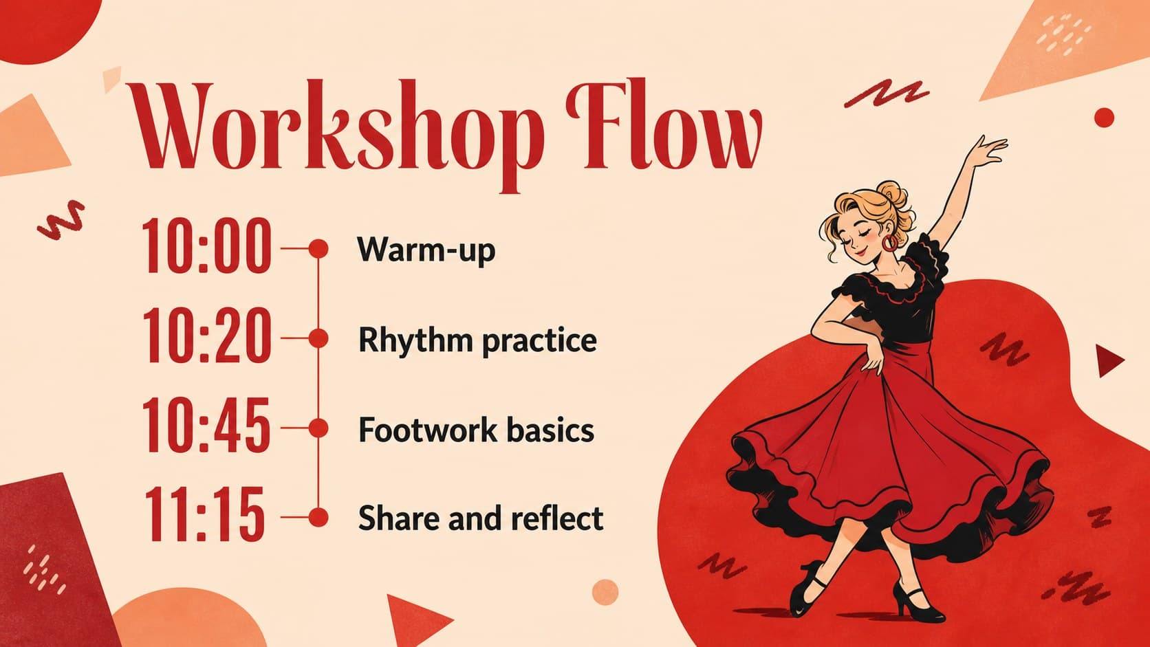 Workshop planning slide for a flamenco class with a red schedule layout and illustrated accents.